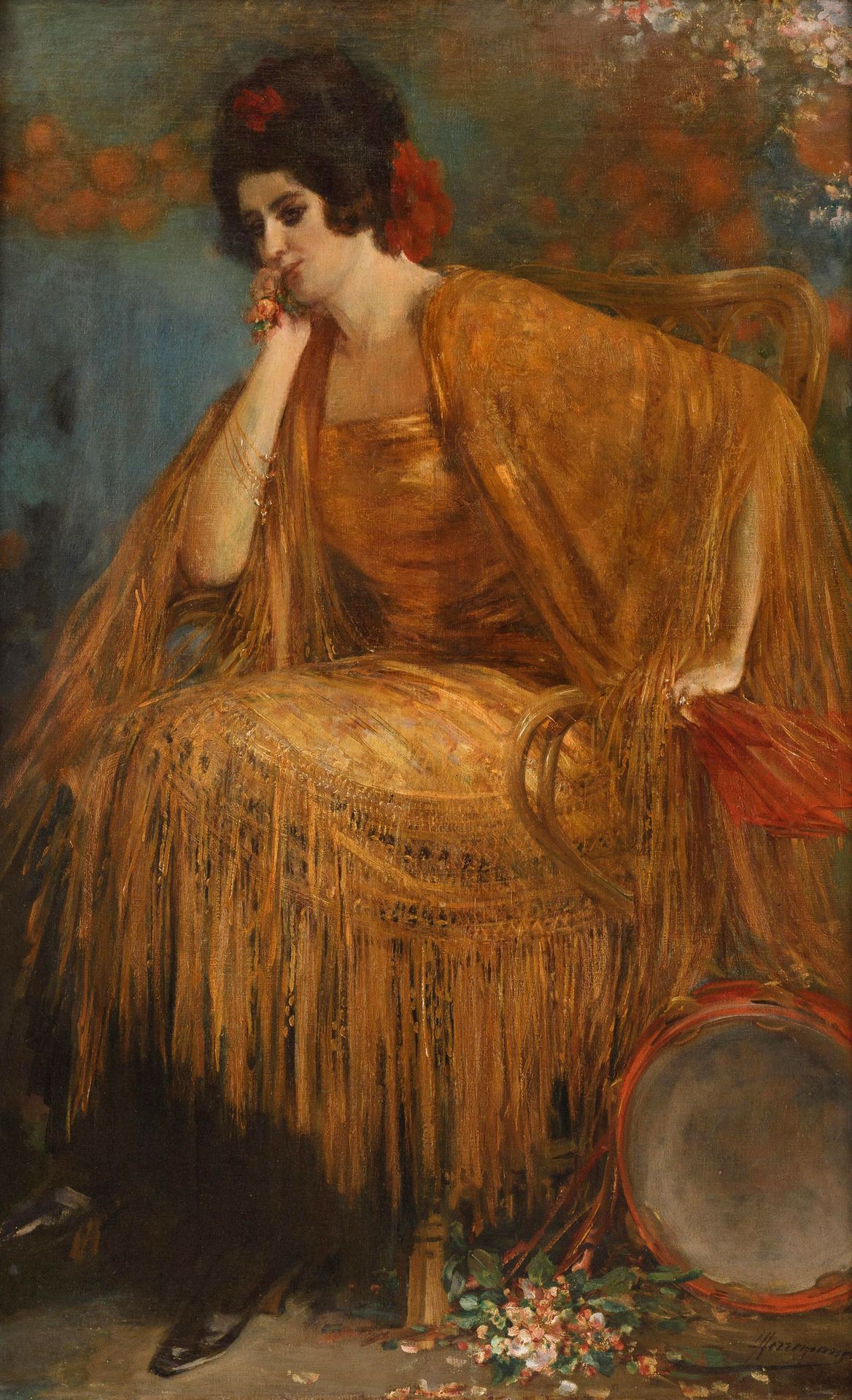 CHARLES HERMANS (1839-1924) (归属)

带手鼓的南方美女。

布质。

签名为 "赫尔曼斯"。

118 x 75厘米（145 x &hellip;