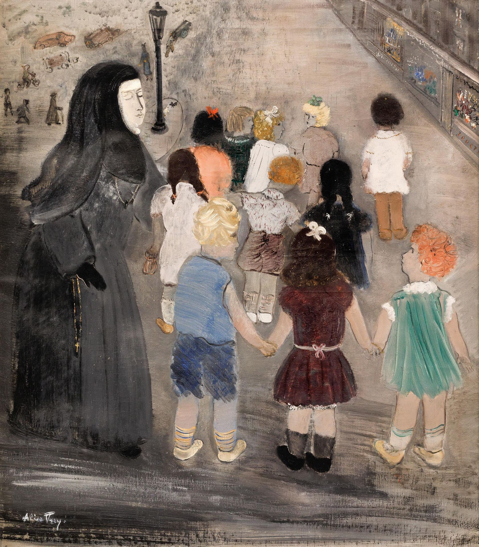ALICE FREY (1895-1981) 姐姐带着孩子在城里。

布质。

签名为 "爱丽丝-弗雷"。

适用的转售权。

80 x 70厘米（90 x 8&hellip;