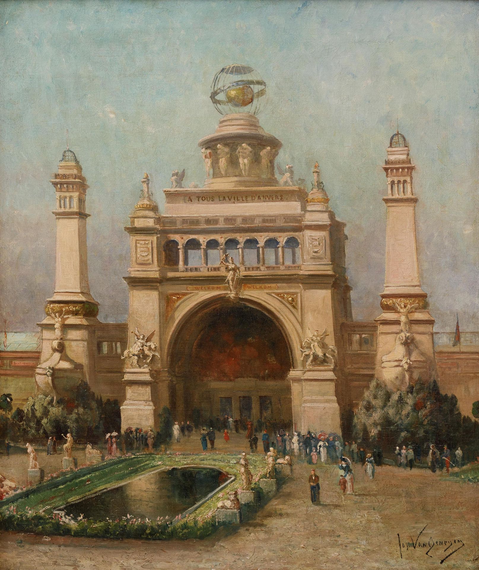JOS VAN GENEGEN (1857-1936) 1885年安特卫普世界博览会的主入口。

布质。

签名为 "Jos Van Genegen"。

63&hellip;