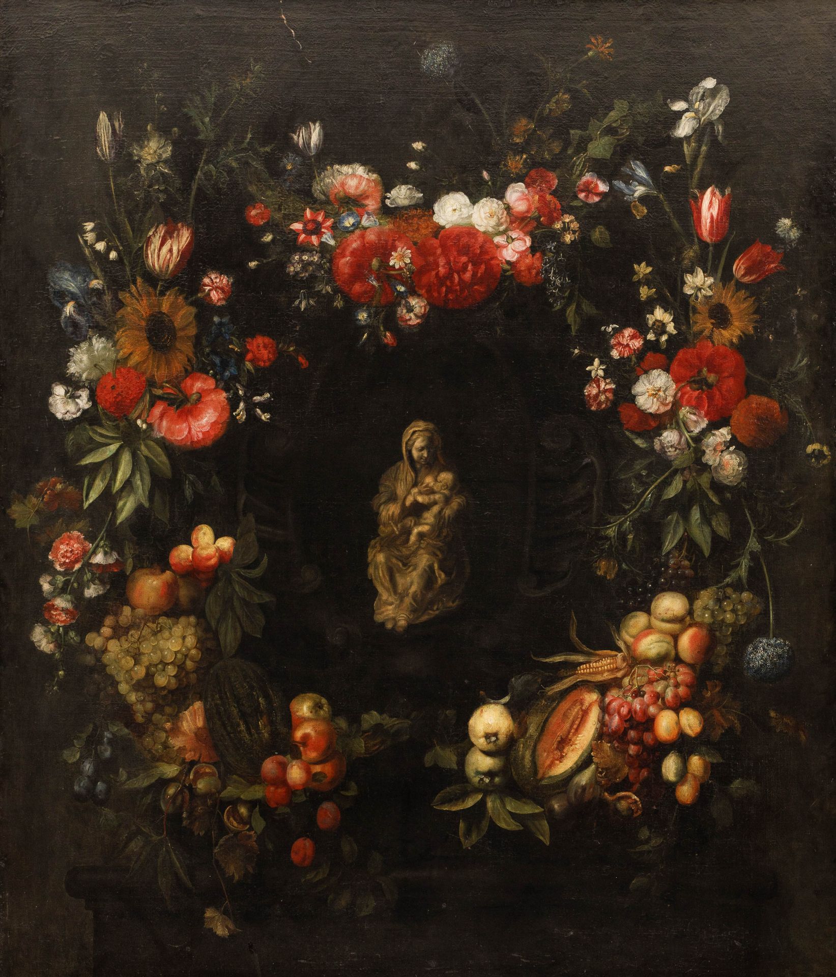 FRANS YKENS (1601-1693) (归属)

围绕着圣母像的鲜花和水果花环。

布质，在胶合板上涂抹大理石。

右下角署名 "Snyders"。
&hellip;