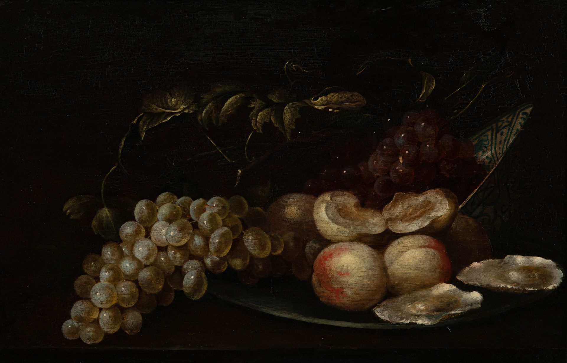 ANONIEM / ANONYME 1/2 XVII ITALIË/ITALY Nature morte avec raisins, huîtres, pêch&hellip;
