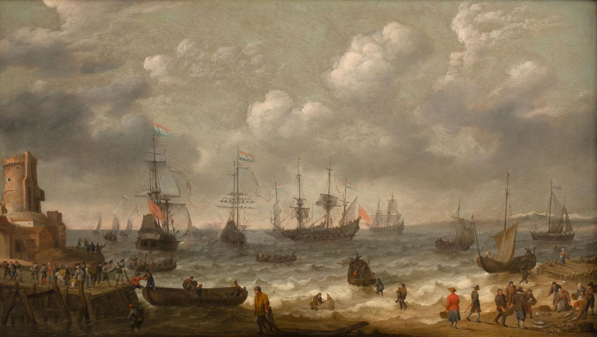 ADAM WILLAERTS (1577-1664) 1633年，海港景色，海上有荷兰大帆船，海滩上有渔民，城堡附近的木制栅栏上有人物。

小组。难以辨认的签名&hellip;