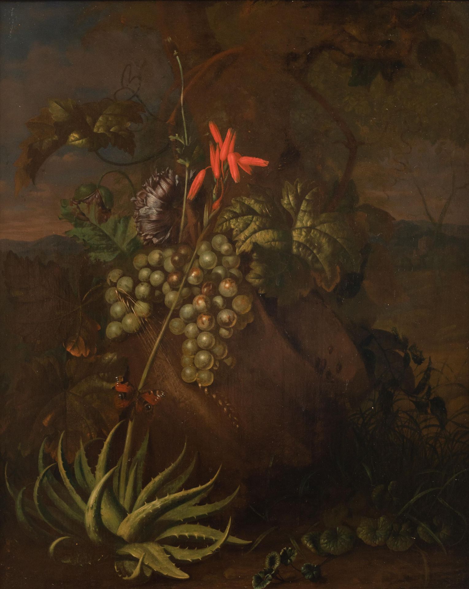 CAREL BORCHAERT VOET (1671-1743) 岩石旁的异国植物、蝴蝶和葡萄静物。

面板（桃花心木）。右下方有难以辨认的签名。

出处和证书&hellip;