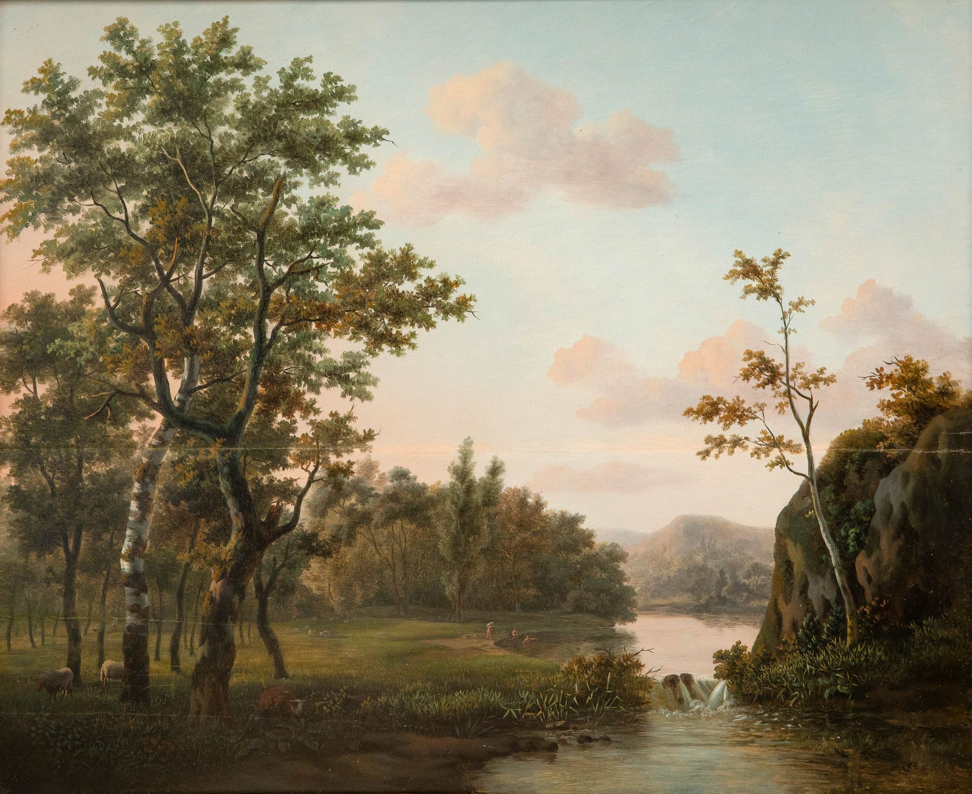 MARINUS ADRIANUS KOEKKOEK (1807-1868) (周围环境)

沐浴在广阔的风景中。

面板（桃花心木），粘贴在其他面板上。

修复&hellip;