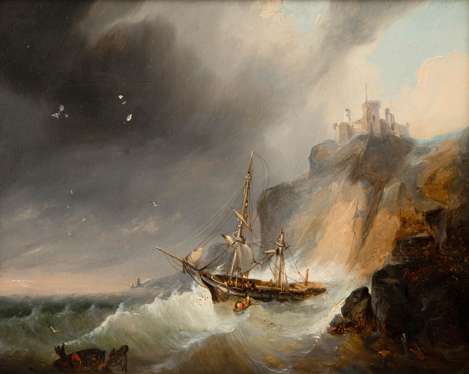 WIJNANDUS JOHANNES NUYEN (1813-1839) 船难。

小组。

左上角油漆脱落。

19.5 x 24厘米（49 x 54厘米）。