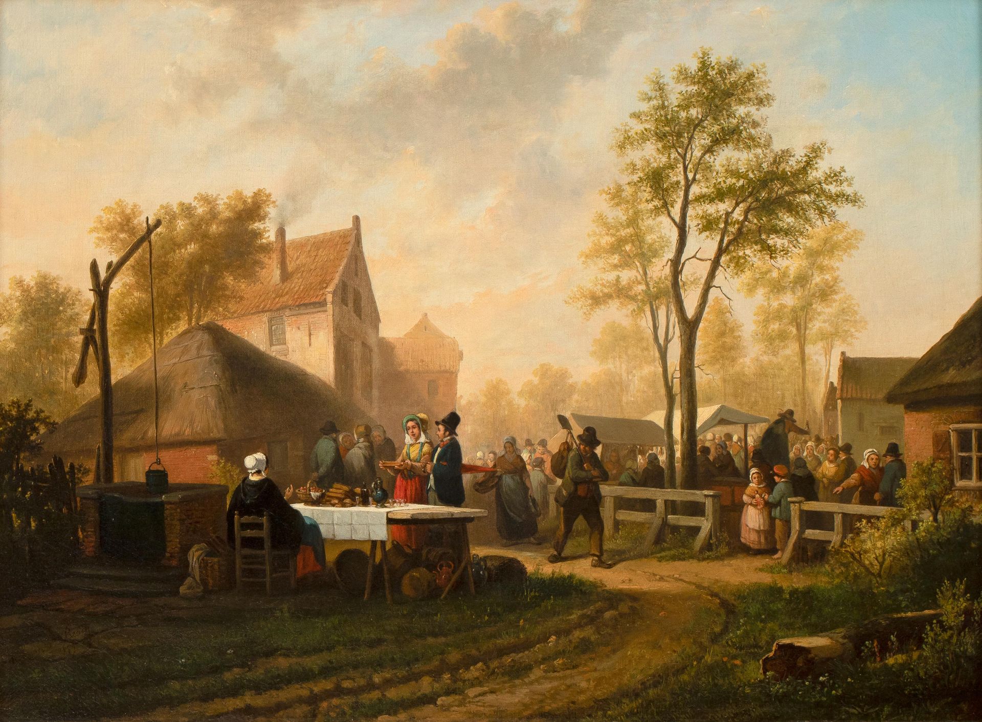 LAURENT REDIG (1822-1861) 弗拉芒博览会，1859年。

小组。签名并注明 "L.H. Redig 1859"。

当代鎏金框架。

出&hellip;