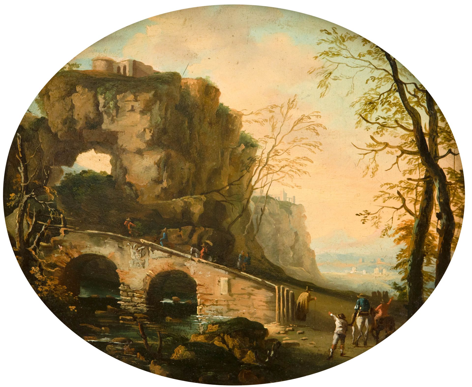 ANONIEM / ANONYME circa 1800 ITALIË/ FRANKRIJK 南方岩石景观中的桥上旅行者的随想曲。

纸板。

24 x 29厘&hellip;