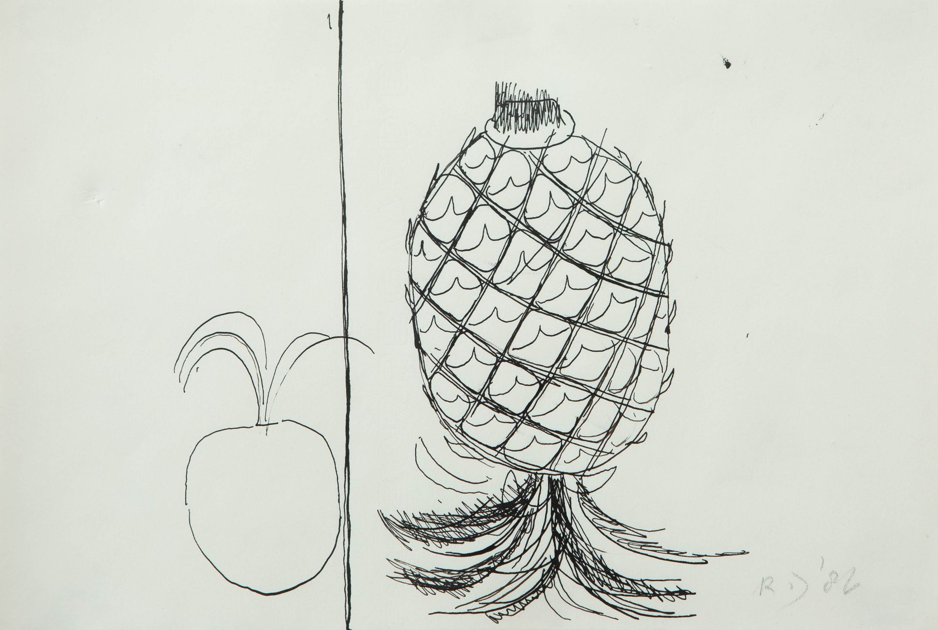RENE DANIELS (°1950) (归属)

无题》，1982年。

黑色记号笔。用铅笔写有图案和日期。

框架。

180 x 270毫米（270 x&hellip;