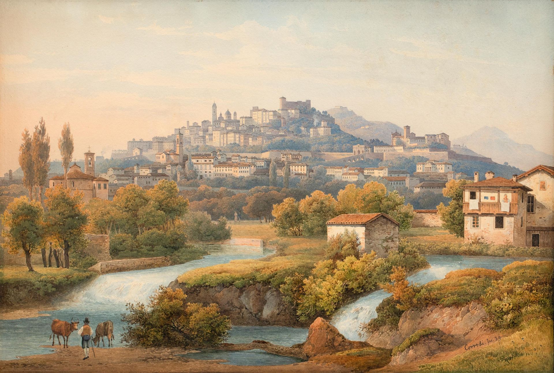 SALOMON CORRODI (1810-1892) 贝加莫的景色，1839年。
水彩画，用水粉颜料增高。
签名并注明 "Corrodi. Fec(it) 3&hellip;
