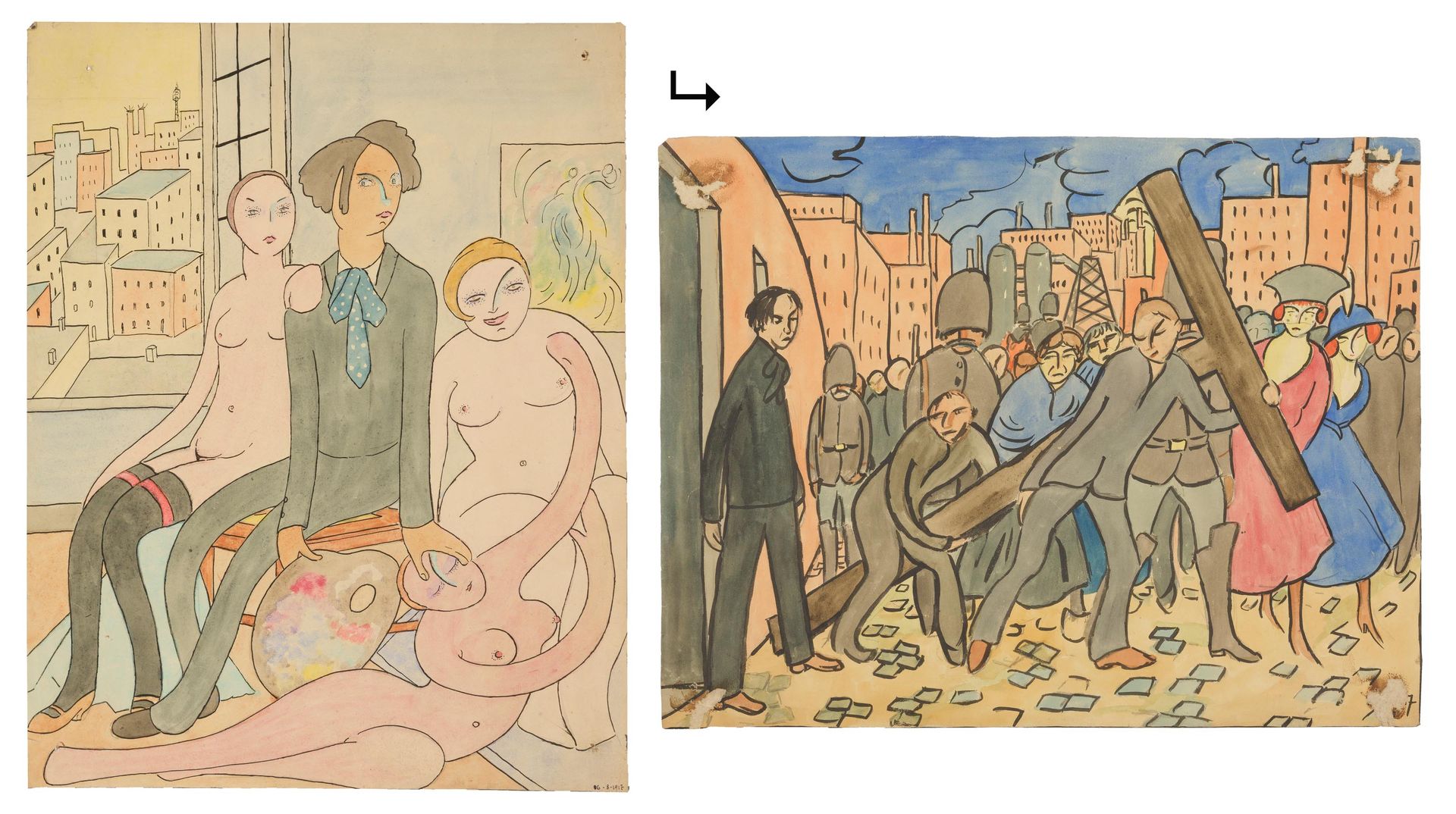 JOS LEONARD (1892-1957) 无题（艺术家在他的工作室），1917年。 
印度墨水和水彩画。有日期。 
背面是：《无题》（现代基督与人民中的十&hellip;