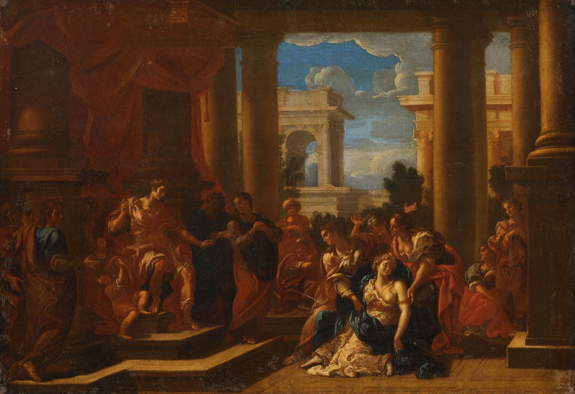 NICOLAS POUSSIN (1594-1665) (模仿者)
拔示巴被带到大卫王面前（？）
布面油画。
52 x 75厘米（73.5 x 96.5厘米）