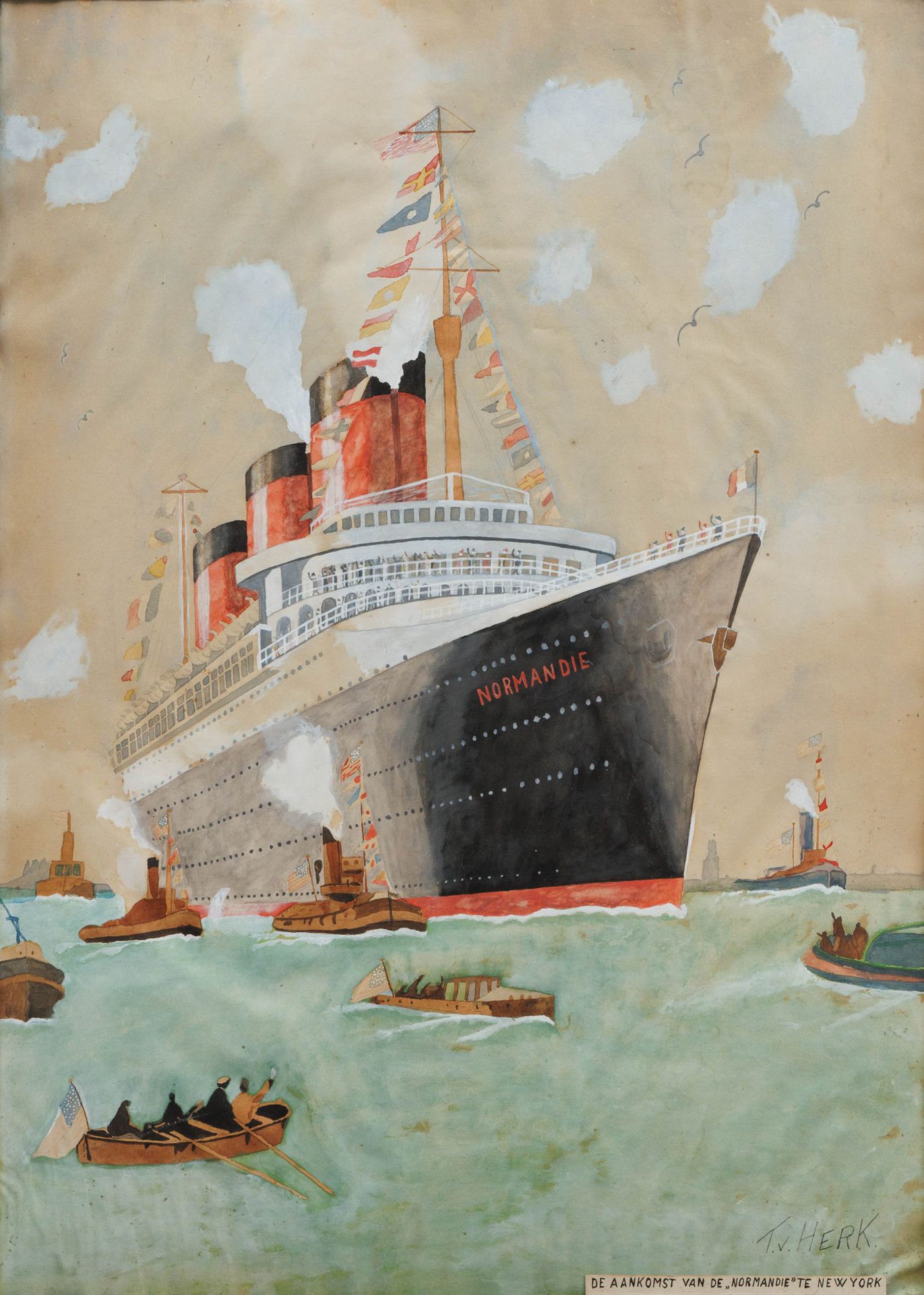 T. V. HERK 'De aankomst van de "Normandie" te New York'.
Aquarelle et gouache.
S&hellip;