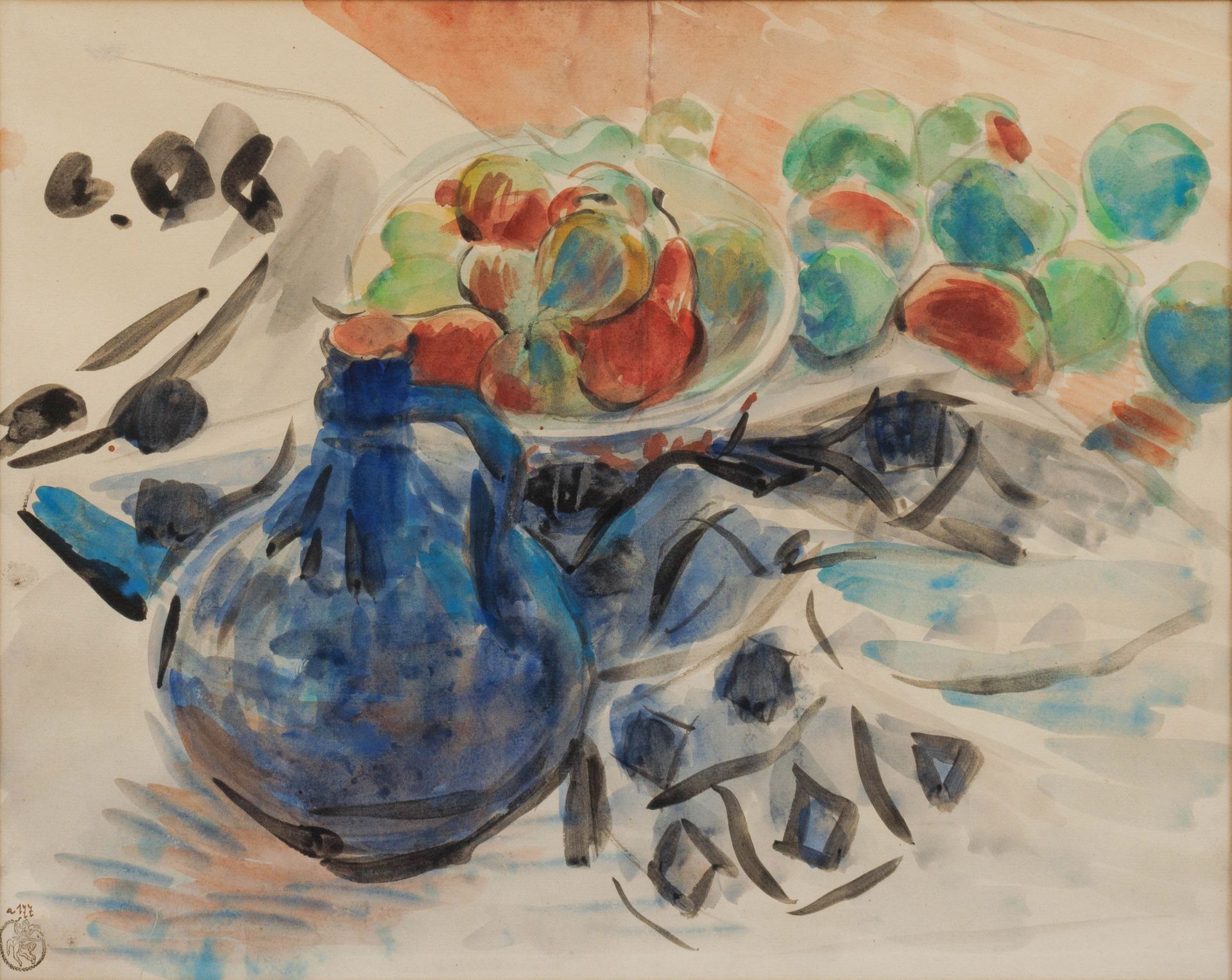RIK WOUTERS (1882-1916) 'Pommes et vase bleu'.
Aquarelle.
Avec cachet de l'ateli&hellip;