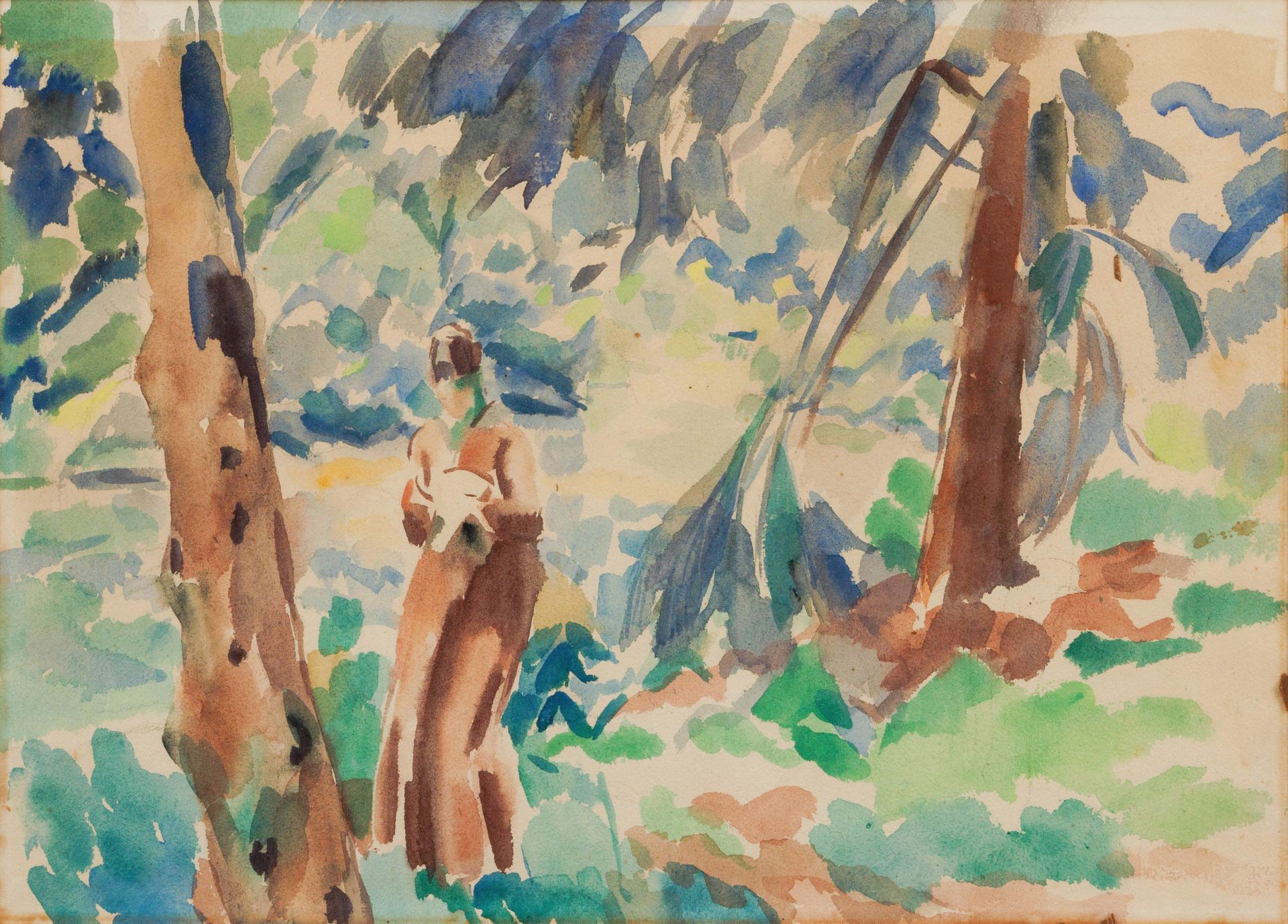 RIK WOUTERS (1882-1916) 'Femme en rose (forêt)'.
Aquarelle.
Décoloration.
Cadre.&hellip;