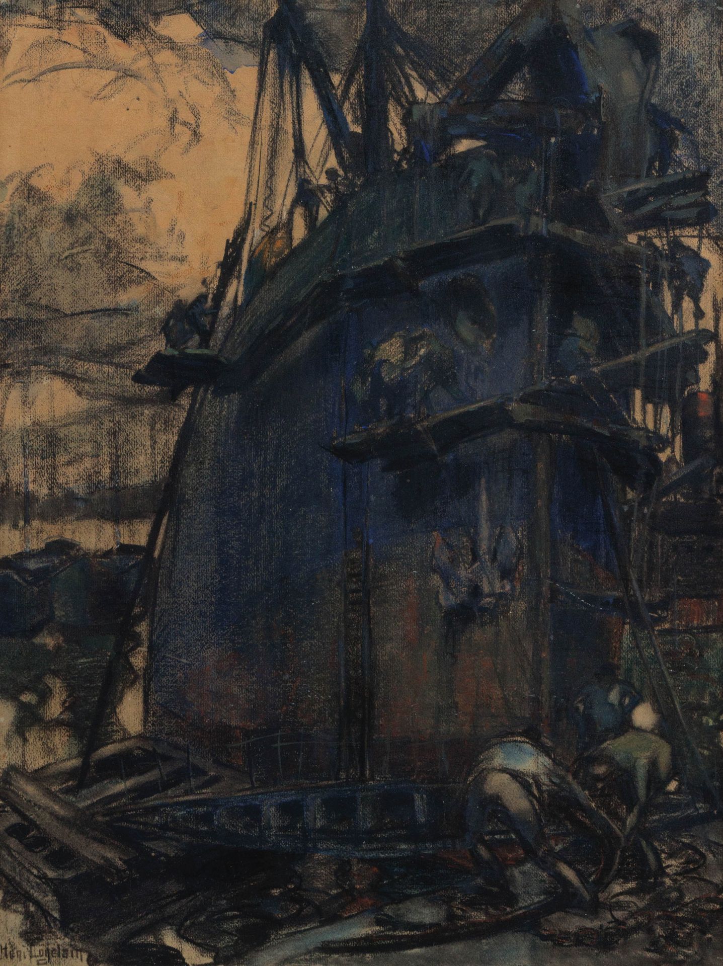 HENRI LOGELAIN (1889-1968) Au chantier naval.
Fusain, gouache, crayon de couleur&hellip;