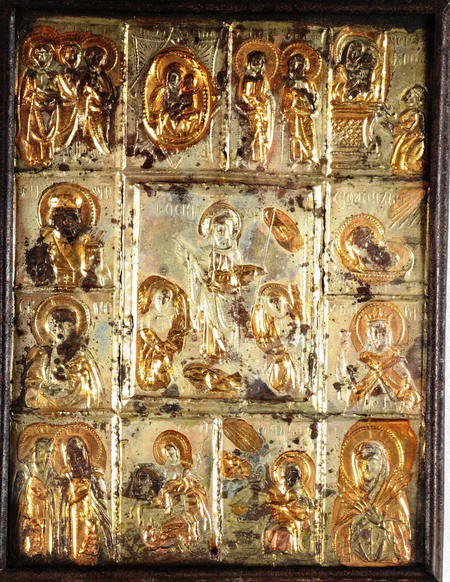 Null ICON。

来自巴尔干地区（罗马尼亚？ 保加利亚？）的盖章铜板

从第十九世纪开始。

基督的复活被选在勋章中的圣人所包围。

尺寸：20厘米 x &hellip;