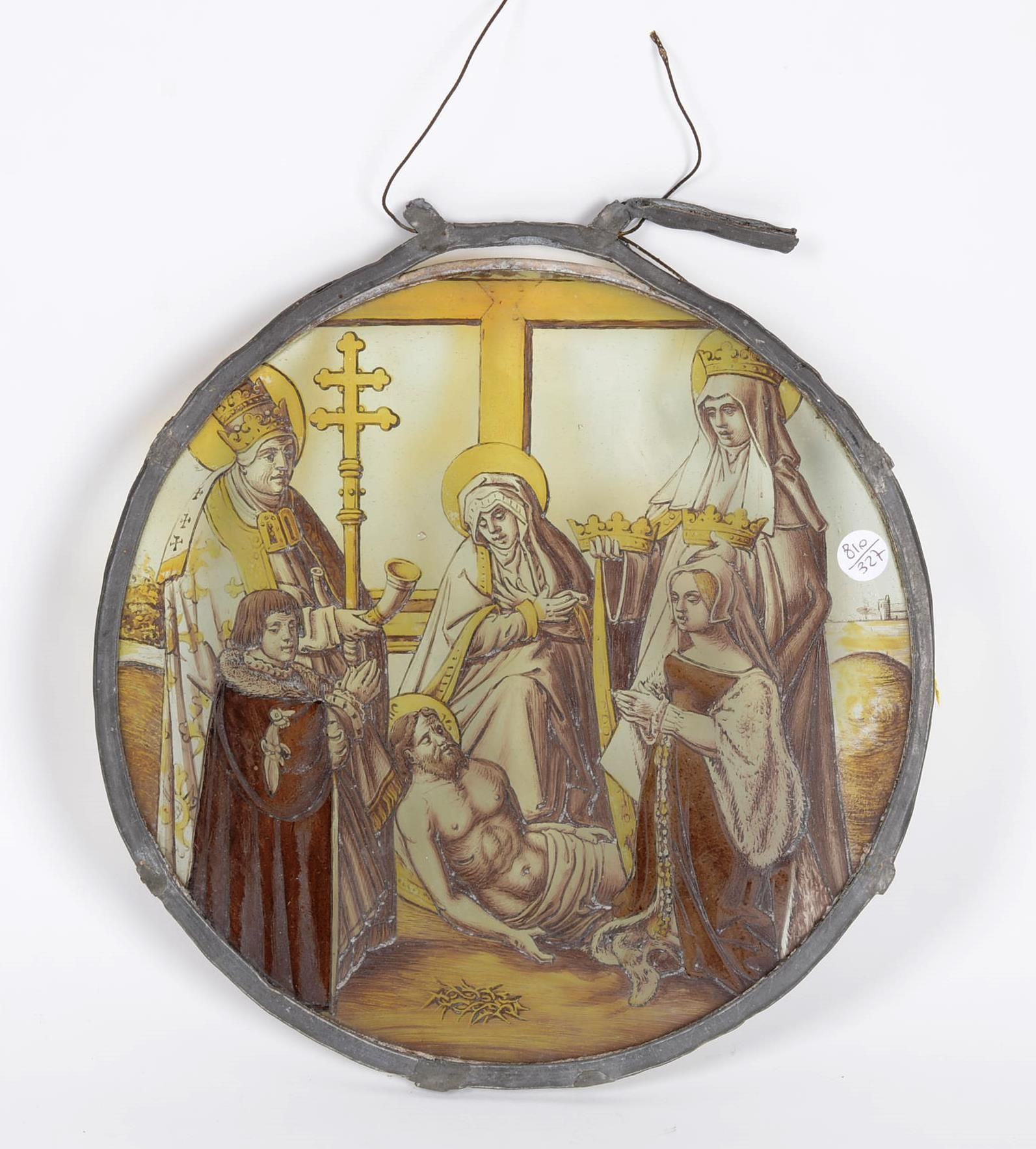 Null 19世纪的圆形多色玻璃窗。

基督加冕的场景，有圣人主教和一对捐助者。

直径：24厘米。