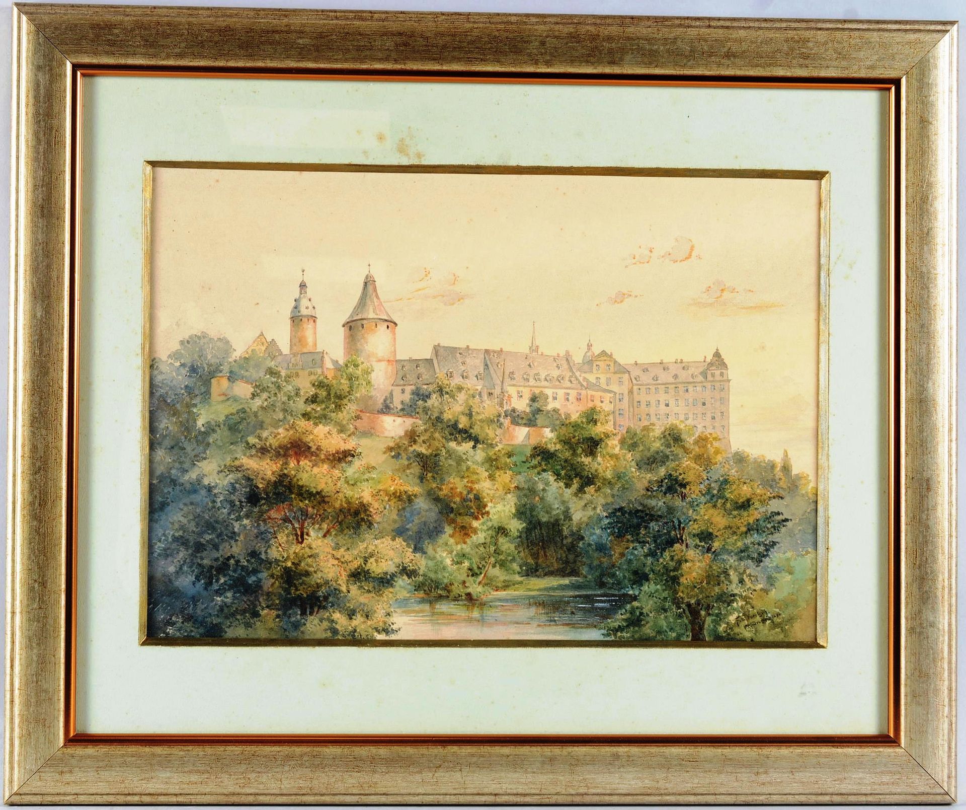 " Château au dessus de la rivière". Aquarelle Foreign school of the end of the 1&hellip;