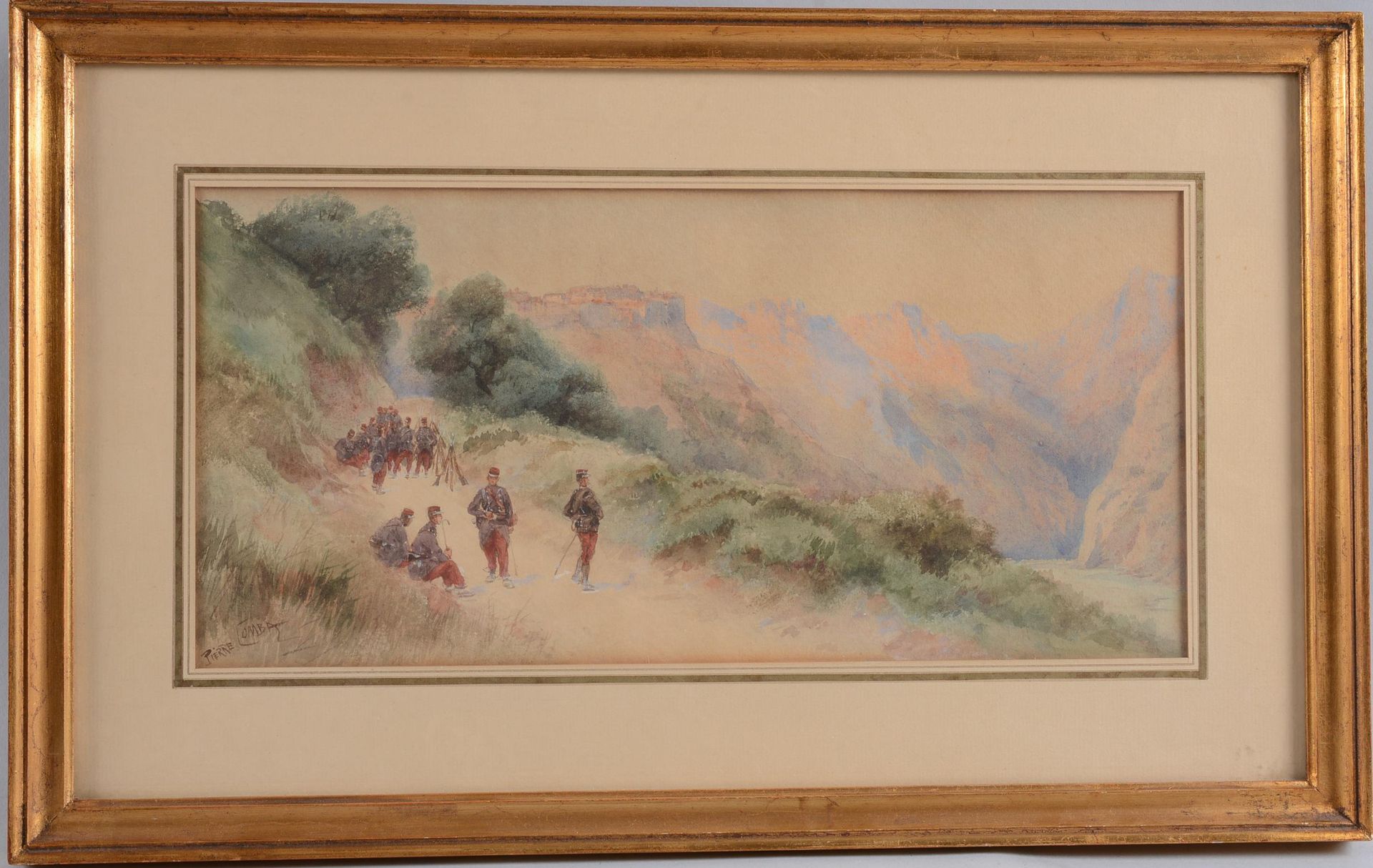 Pierre COMBA (1859-1934) 皮埃尔-康巴 (1859-1934)

"法国步兵的山地休整"。

纸上水彩画，左下角有签名。

尺寸：16厘&hellip;