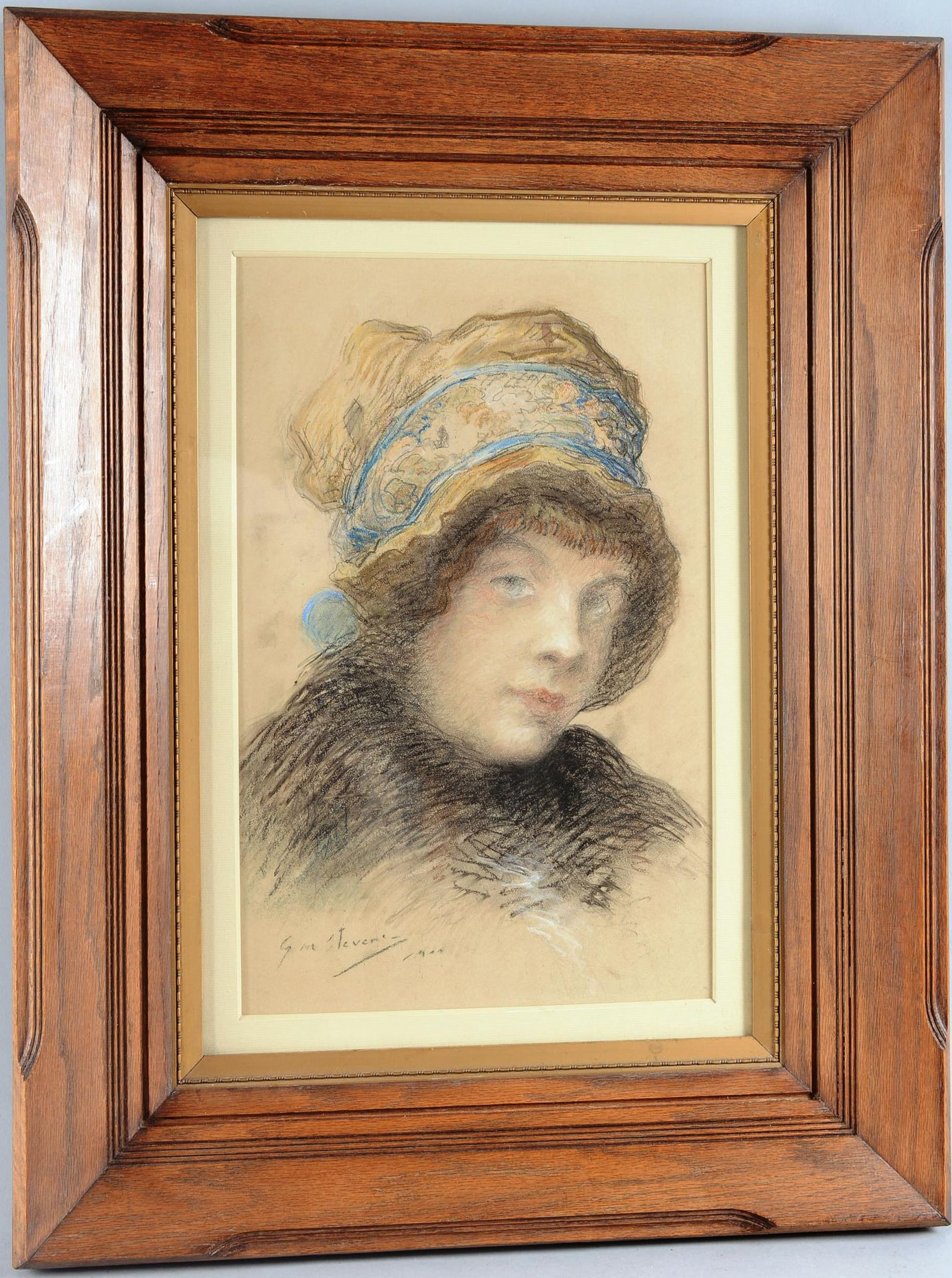 Gustav Max STEVENS (1871-1946) 古斯塔夫-马克斯-斯特文斯(1871-1946)

"戴帽子的年轻女士的肖像

粉彩画，左下角有签&hellip;