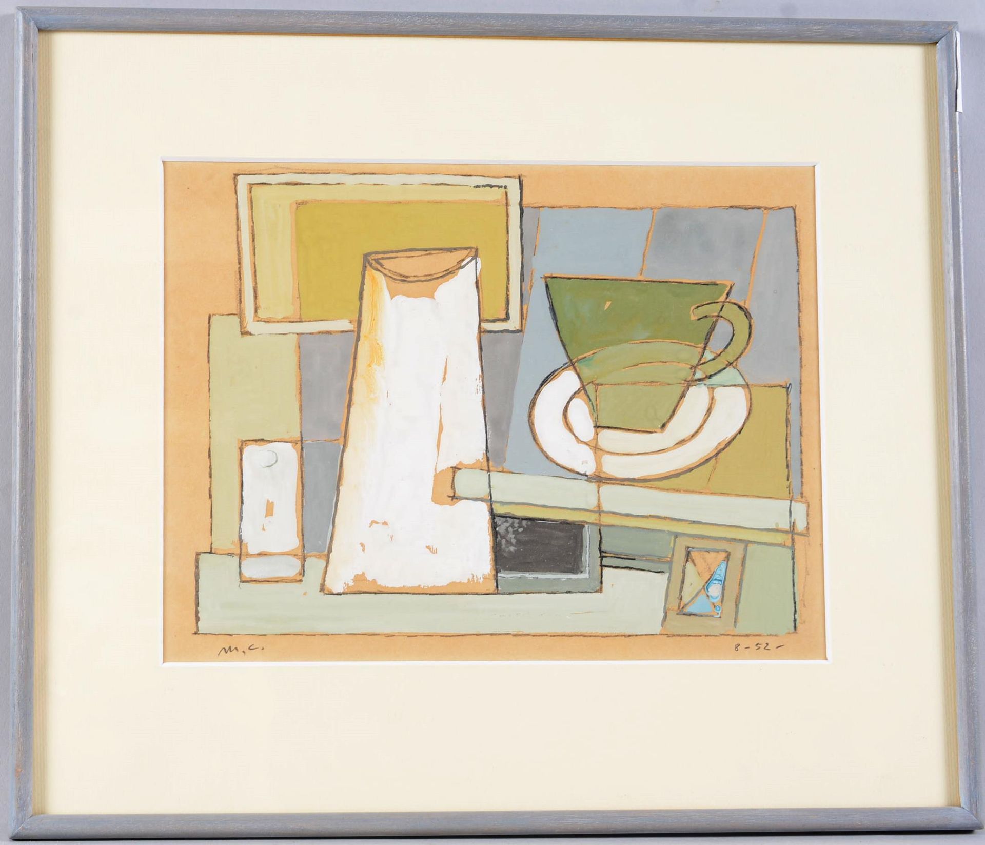 Marcel CARON (1890-1961) 马塞尔-卡隆(1890-1961)

"抽象构成"。

橙色纸上的水粉画，右下方有签名，日期为8-52。

尺&hellip;