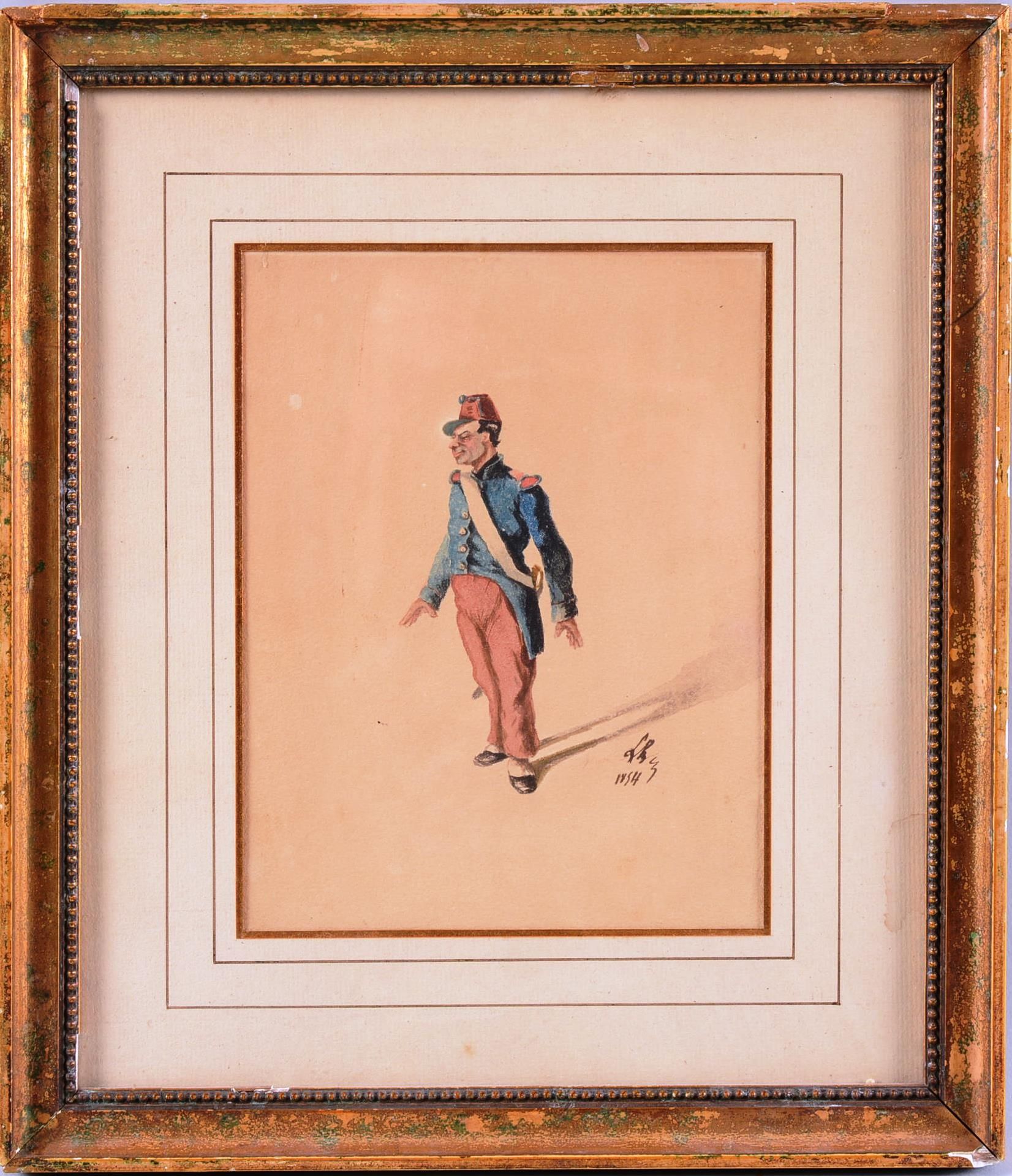 Dessin d'un militaire 一个士兵的彩色图画，右下角有签名和日期，1854年

尺寸：17,50 x 13,50 cm