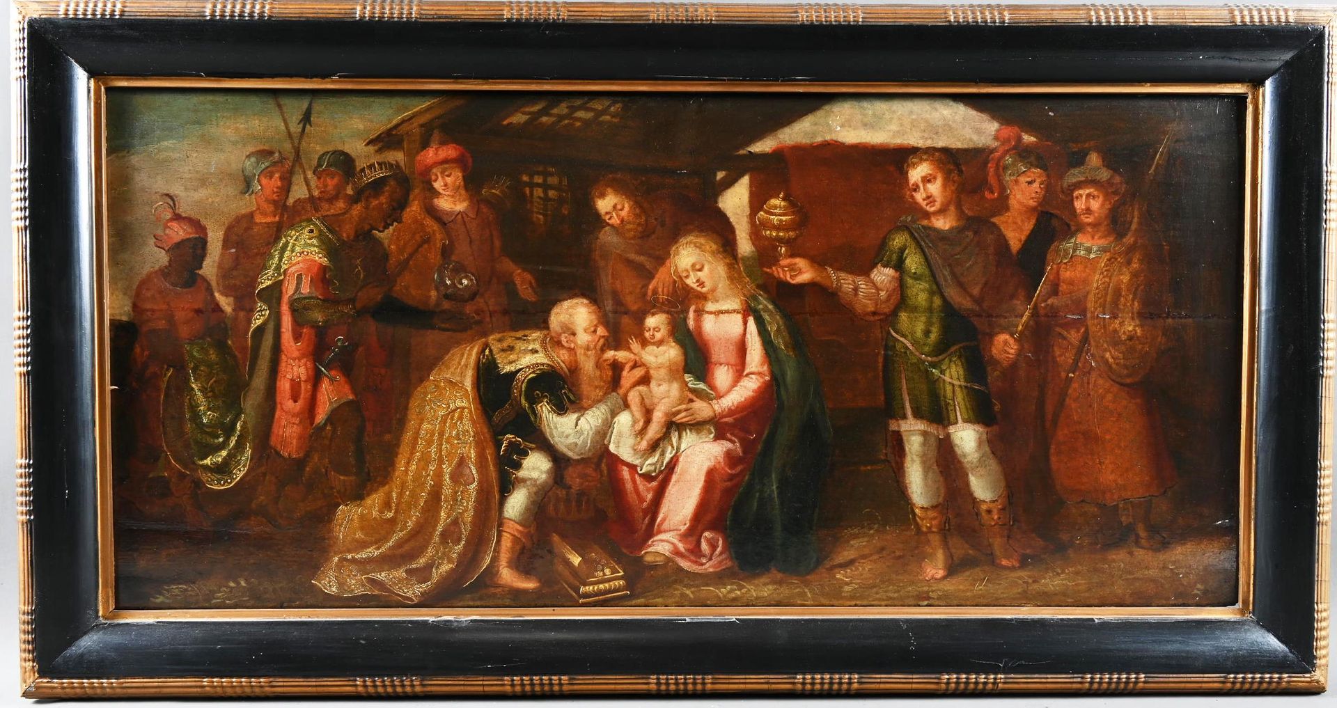 " L'adoration des Mages" 17世纪的佛兰德学校。

"Magi的崇拜"。

板上油彩。镶木板。旧的修复工作。

尺寸：40厘米 x 90&hellip;