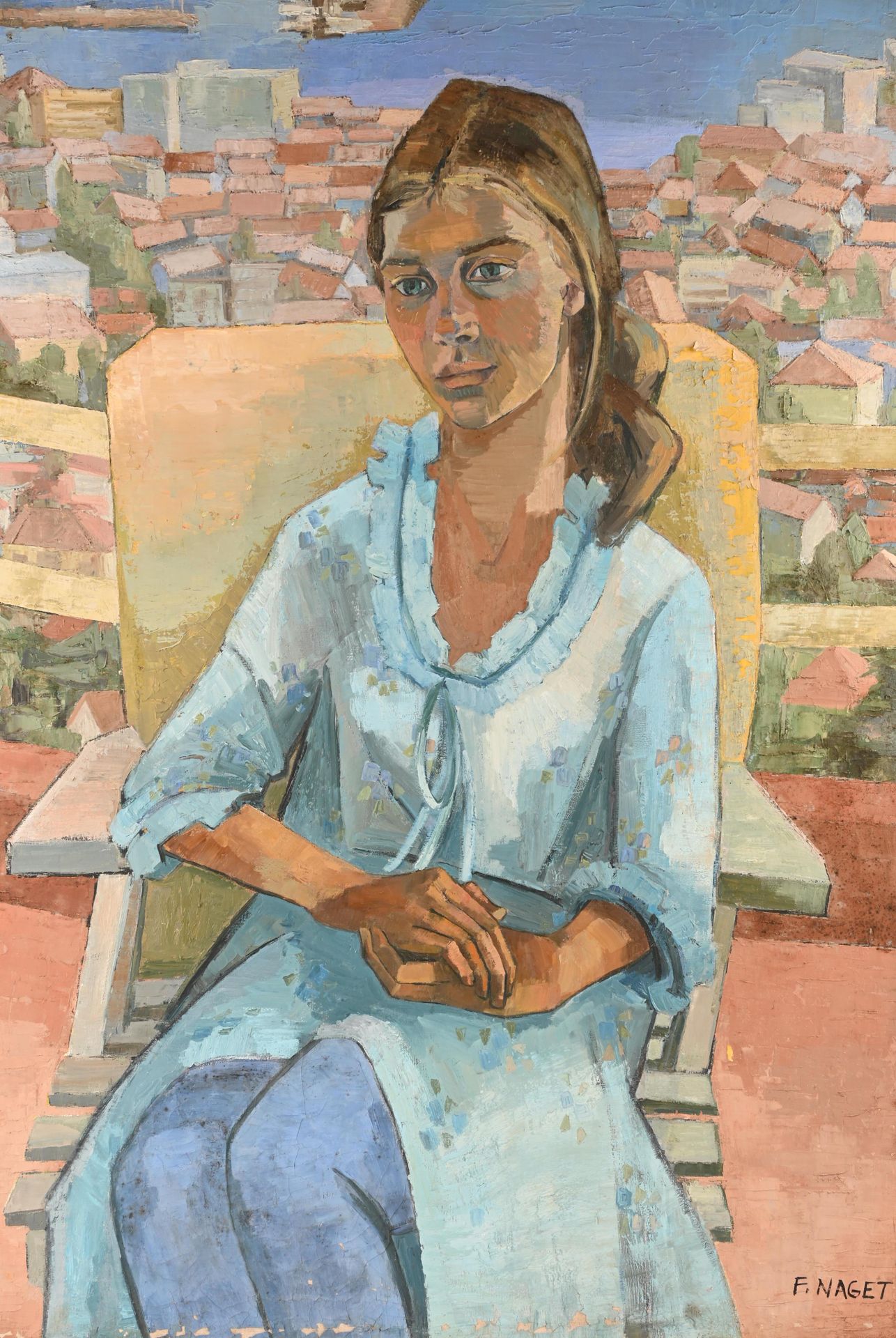 Florance Naget ( école française) 弗洛朗斯-纳盖特（法国学校）

"坐在地中海景观中的年轻女孩"。

布面油画，右下角有签名。&hellip;