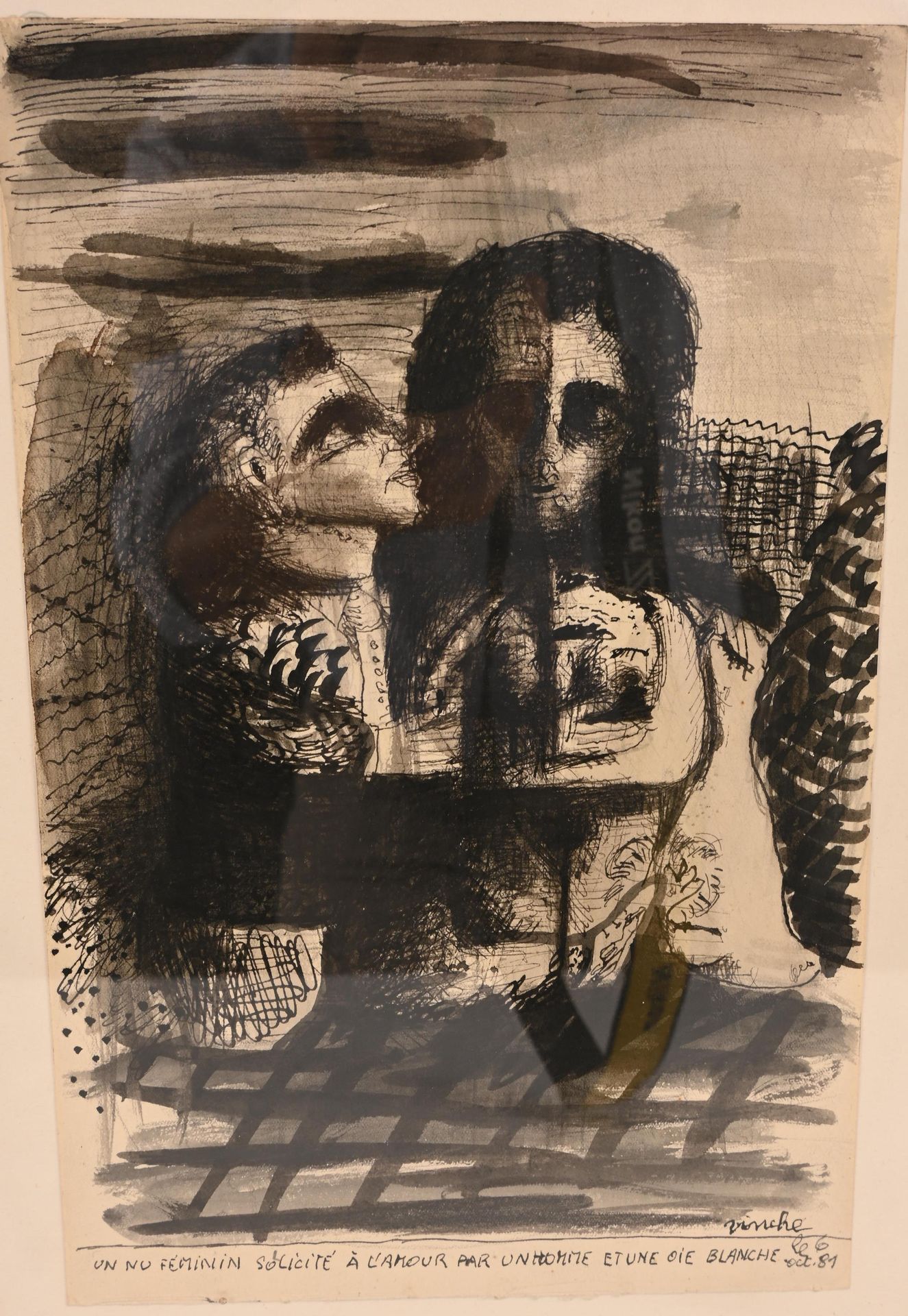 LIONEL VINCHE (1936) Lionel VINCHE (1936)

"一个女性的裸体被一个男人和一只白鹅拉到了爱。

印度墨水和水彩画，右下方&hellip;