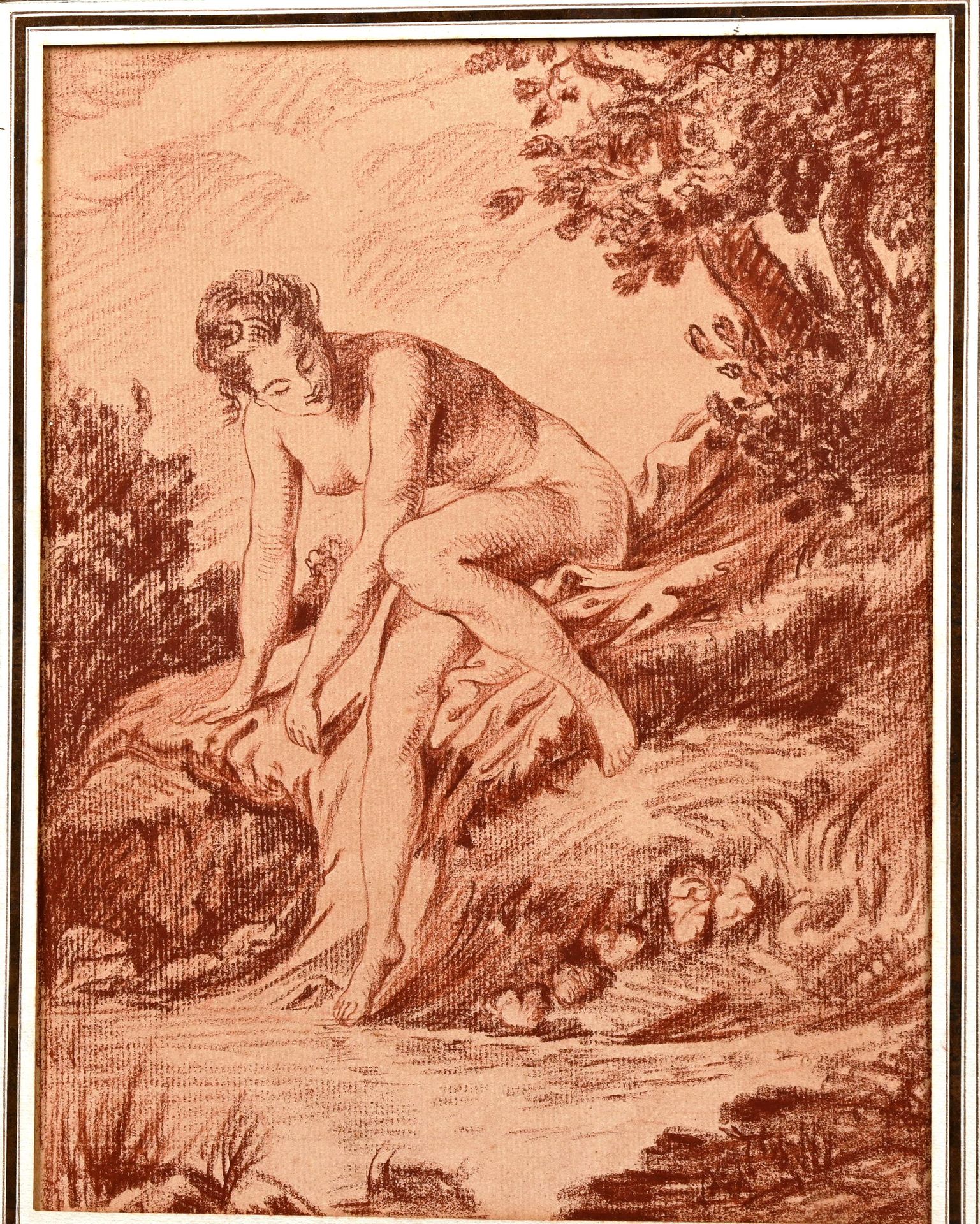 D'après Fr Boucher Sanguine 19世纪法国学校 "在弗朗索瓦-布歇之后--河边的年轻裸女 "纸上红粉笔画 点：26 x 20 cm