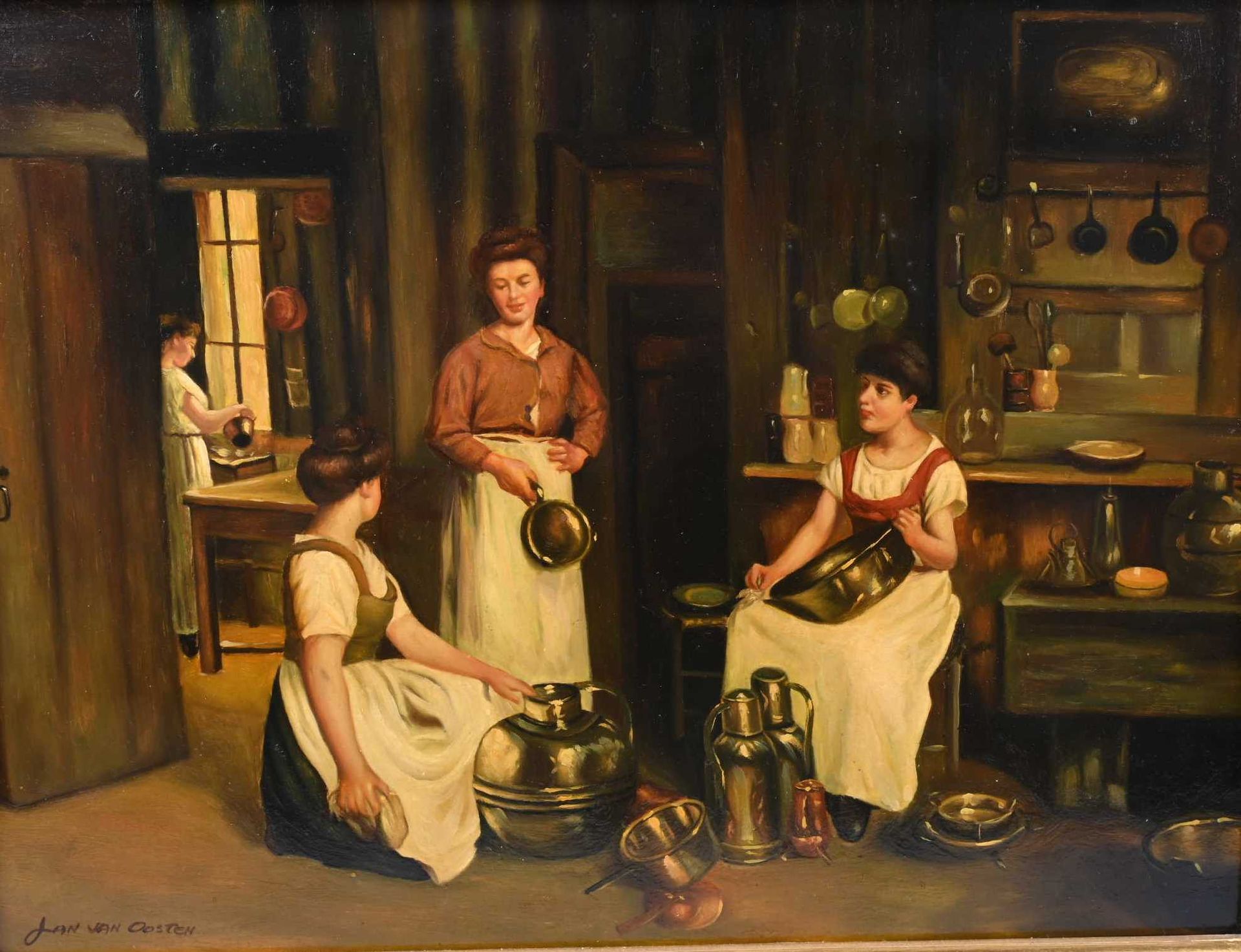 Jan van Oosten ( école belge 19/20eme siècle) 扬-凡-奥斯坦（比利时学校19/20世纪）

"在厨房里"。

左下&hellip;