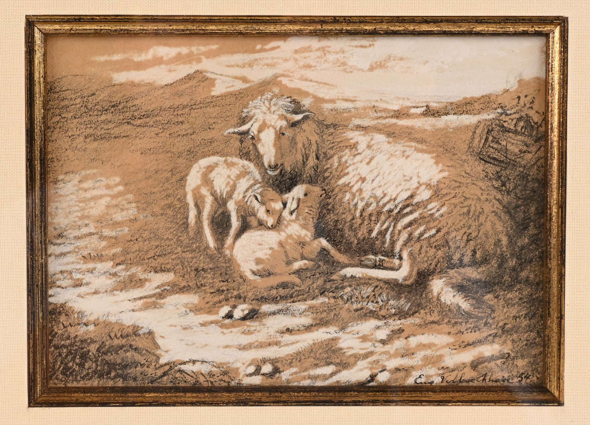 Eugène VERBOECKHOVEN (1798/99-1881) 欧仁-贝勃克霍文 (1798/99-1881)

"绵羊和羔羊"。

纸上铅笔和水粉画，&hellip;