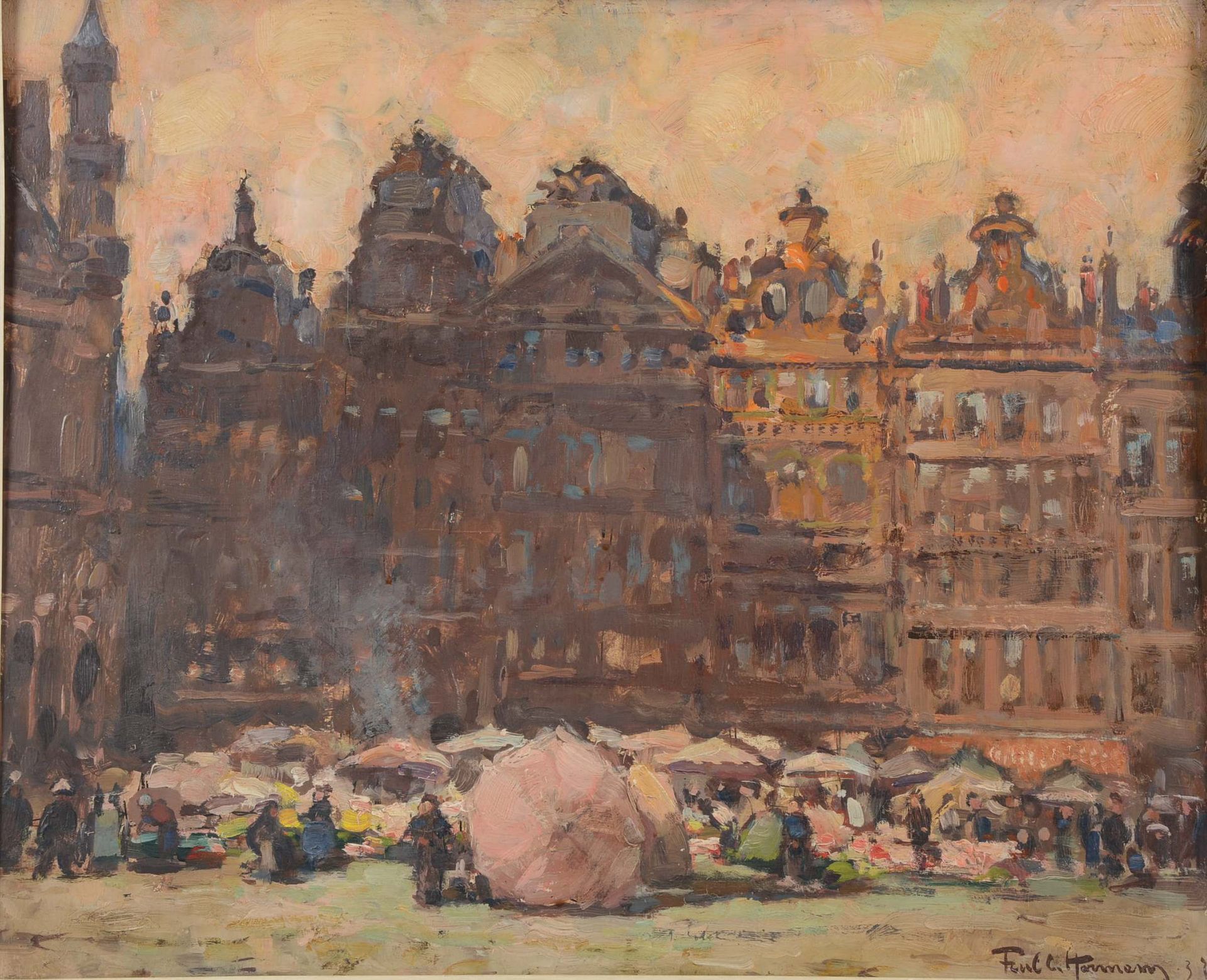 Paul Hermans (1898-1972) 保罗-赫尔曼(1898-1972)

"布鲁塞尔大广场上的市场"。

油画，右下方有签名，日期为37。

尺寸&hellip;