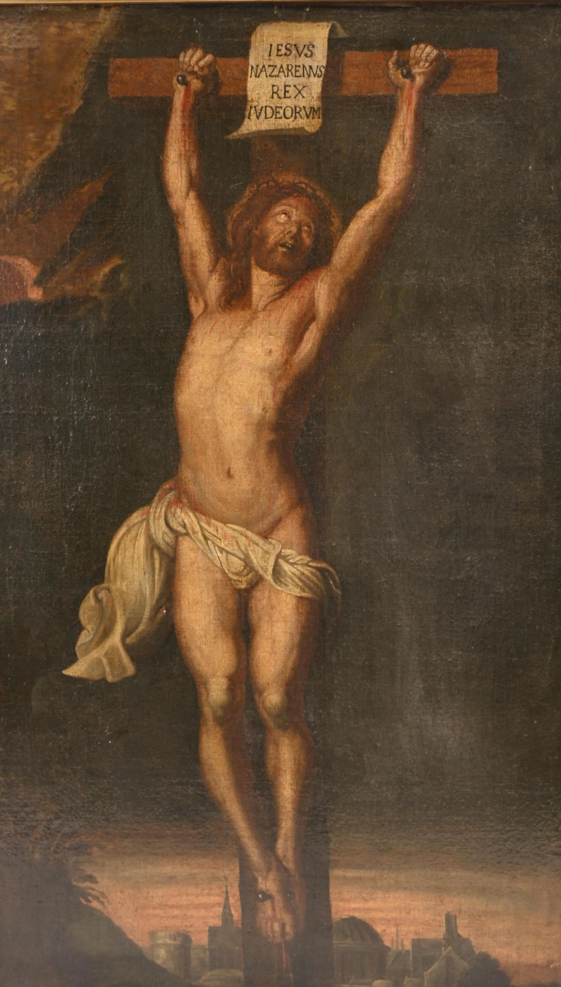 Ecole hollandaise du XVIII ème siècle. 18世纪的荷兰画派。

"拿撒勒人耶稣，犹太人的国王"。

布面油画。

旧的修复&hellip;