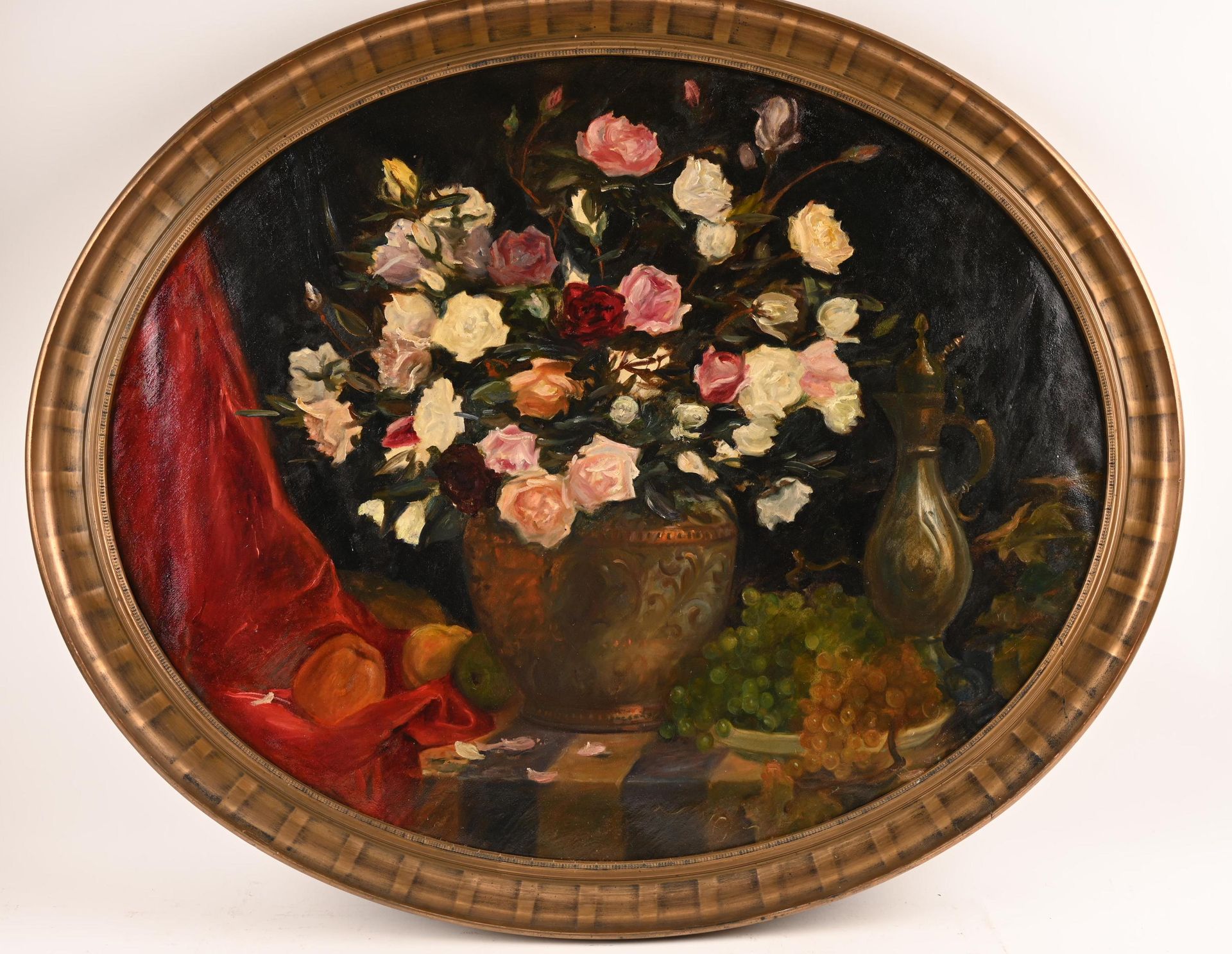 Ecole belge - Bouquet 19世纪末20世纪初的比利时画派，"花束静物"，布面油画，漂亮的椭圆形画框，尺寸：96 x 117厘米