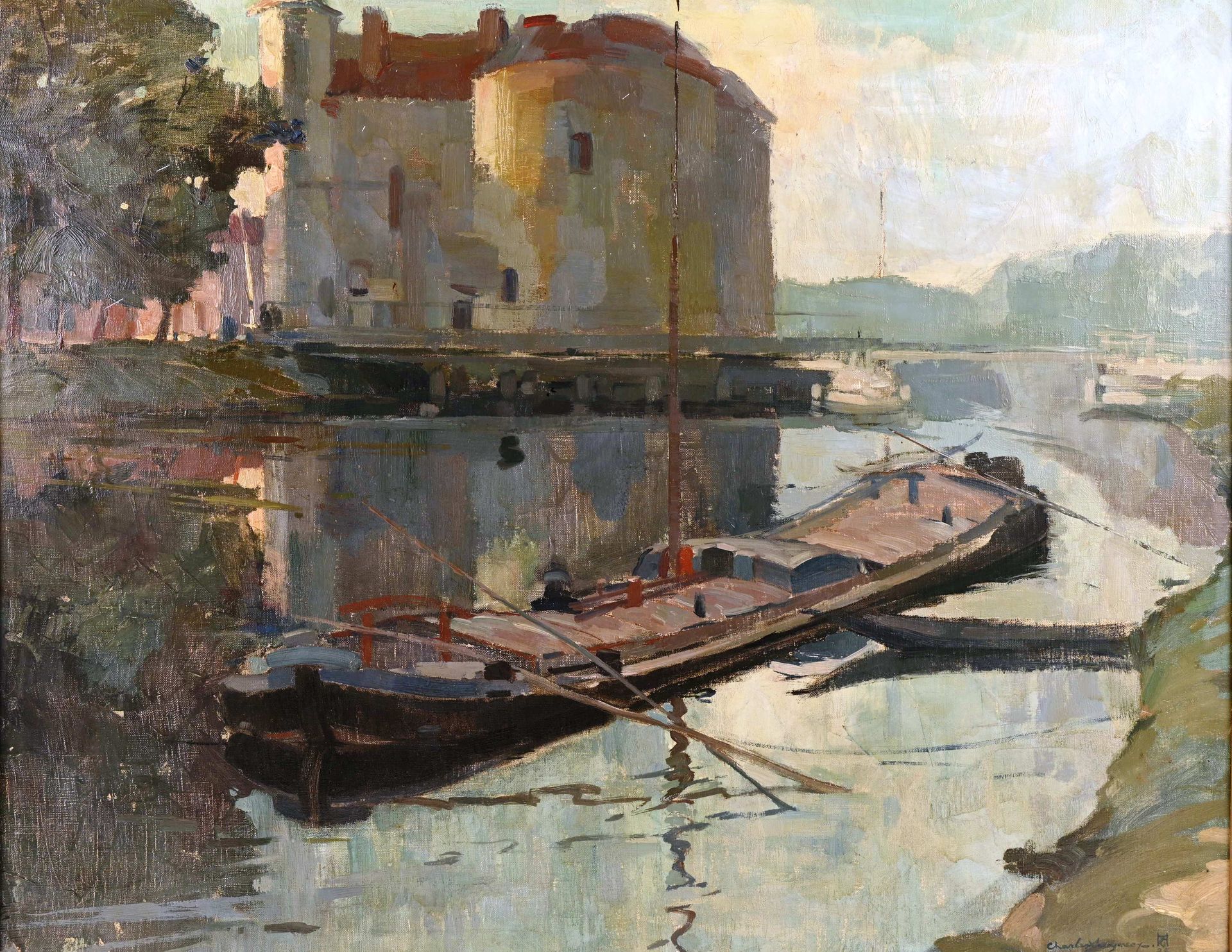 Charles SWYNCOP (1895-1970 查尔斯-SWYNCOP (1895-1970)

"塞纳河上的驳船"。

布面油画，右下方有签名，日期为2&hellip;