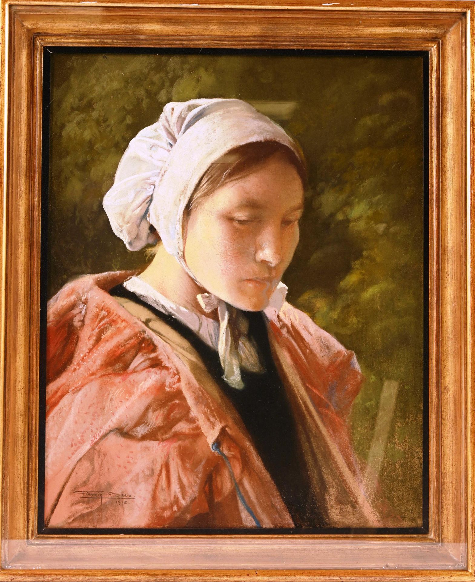 Firmin baes (1874-1945) 菲尔曼-贝斯(1874-1945)

"年轻的思考型女孩"。

纸上粉画，左下角有签名，日期为1915年。

尺&hellip;