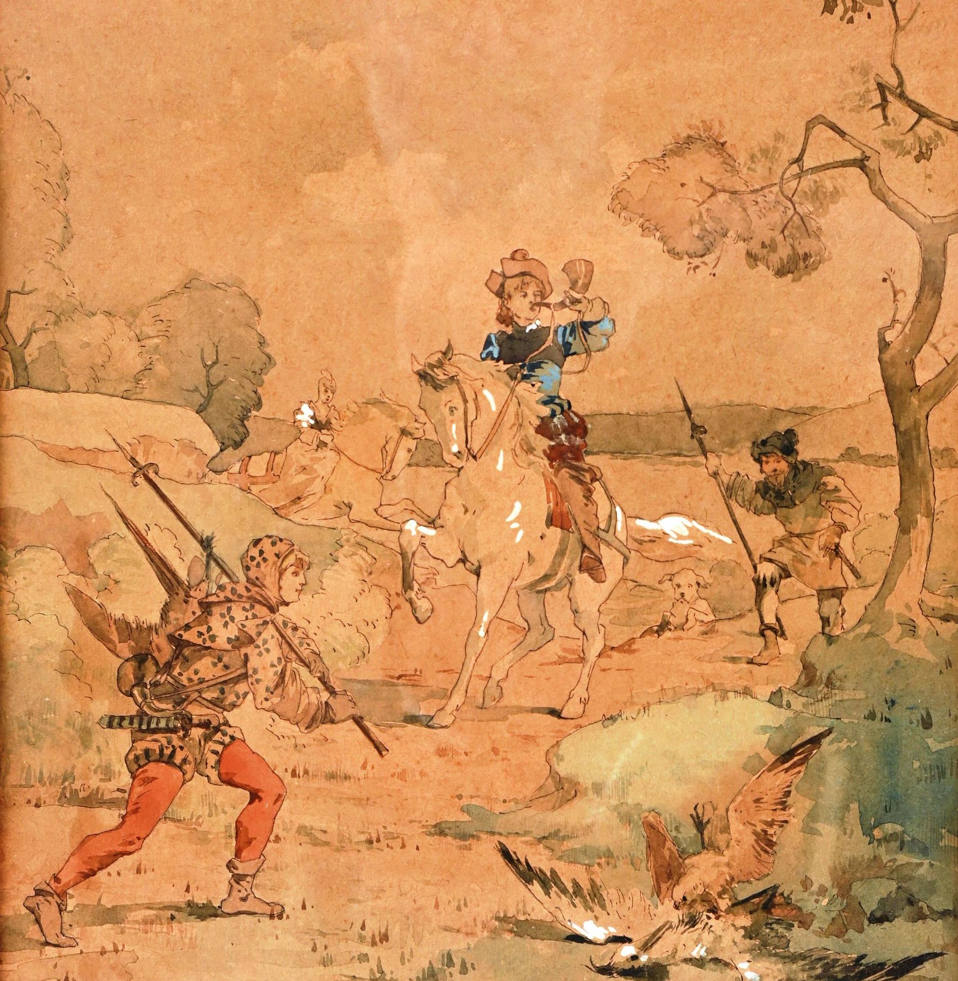 " Chasse au Faucon au Moyen-âge" 19世纪末/20世纪初的法国学校。

"中世纪的猎鹰"。

水墨，水彩和水粉画的亮点。

尺寸&hellip;