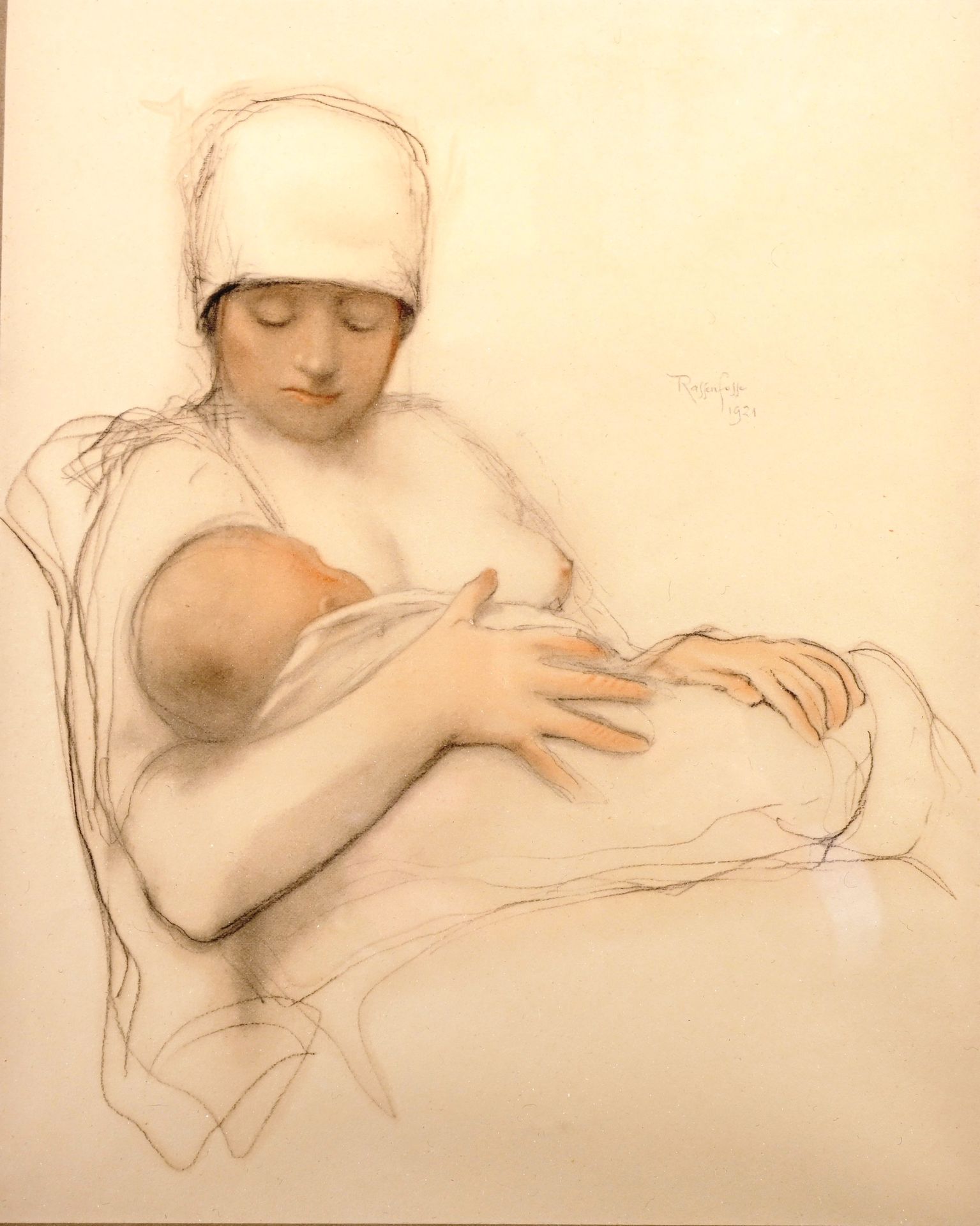 Armand RASSENFOSSE (1862-1934) 阿尔芒-拉森福塞 (1862-1934)
"母亲和她的孩子"。
彩色石板画，已签名，日期为1921&hellip;
