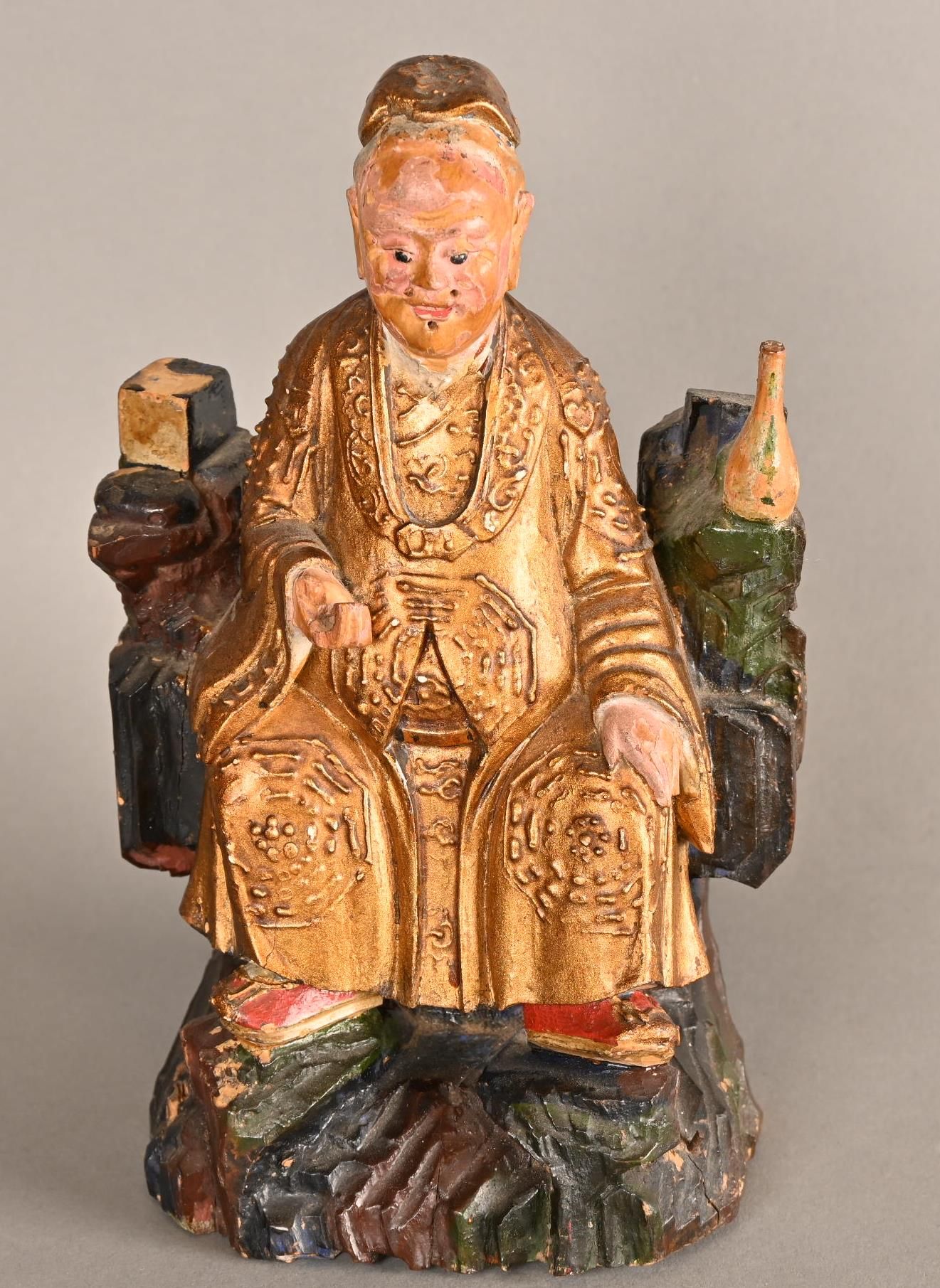 CHINE XIXe Statuette d'un dignitaire 中国 19世纪 镀金和彩绘的木制贵族雕像 高：22厘米，有磨损 高：22厘米