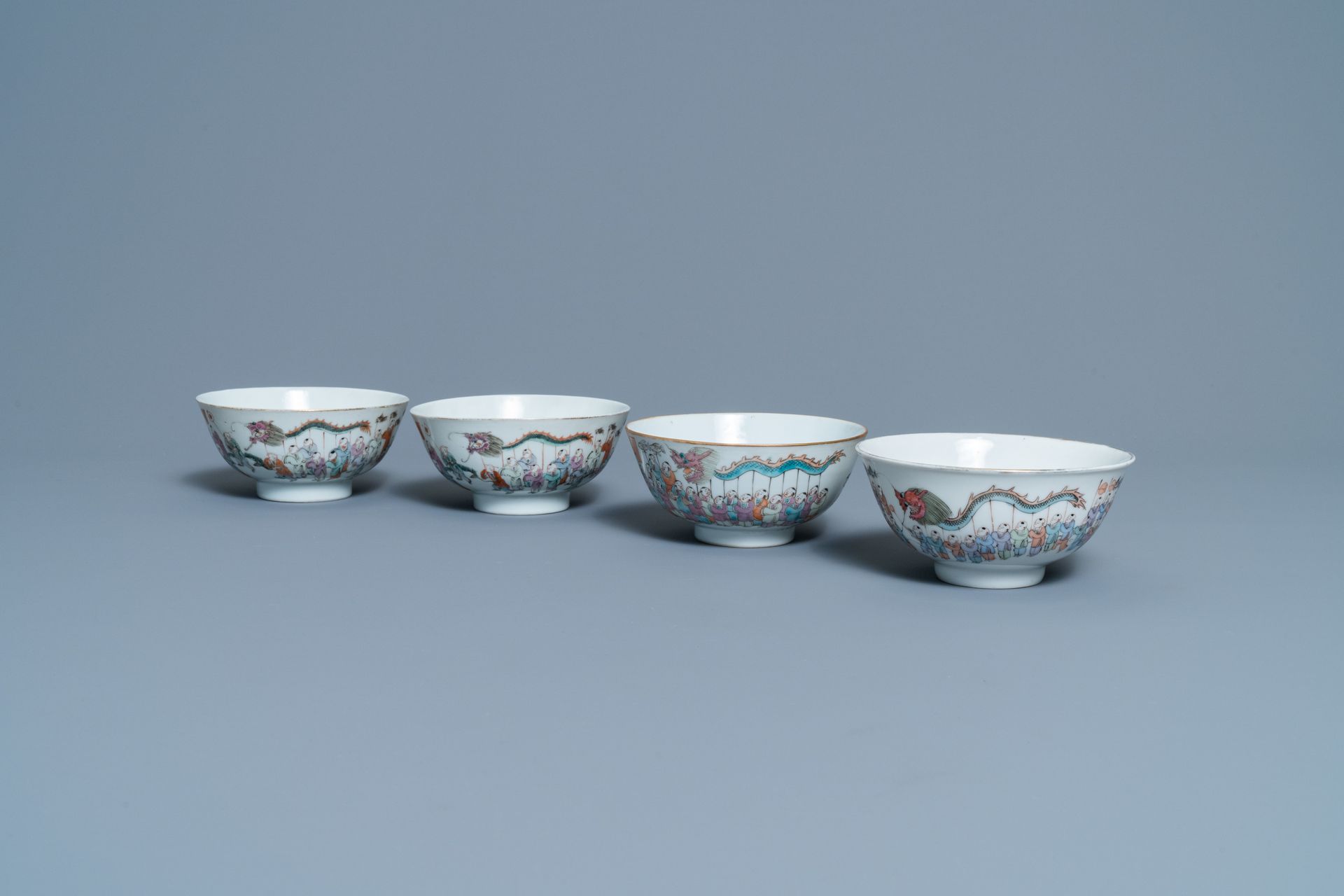 Four Chinese famille rose 'spring festival' bowls, 19th C. 全文标题：四只中国粉彩 "春节 "碗，19&hellip;