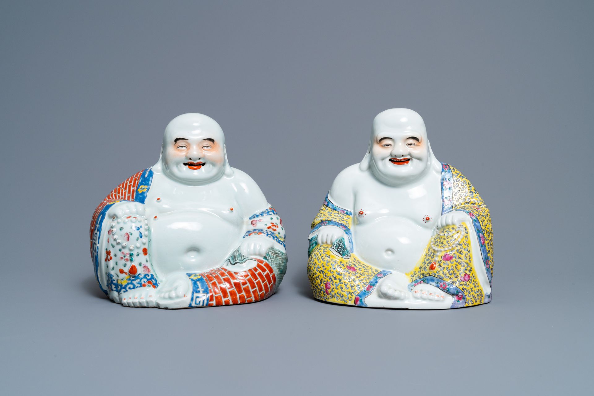 Two Chinese famille rose figures of Buddha, seal mark and workshop mark, 19th C.&hellip;