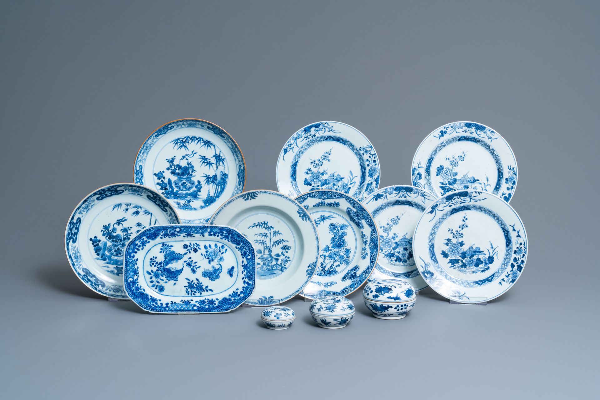 Eight Chinese blue and white dishes, a platter and three covered boxes, Yongzhen&hellip;