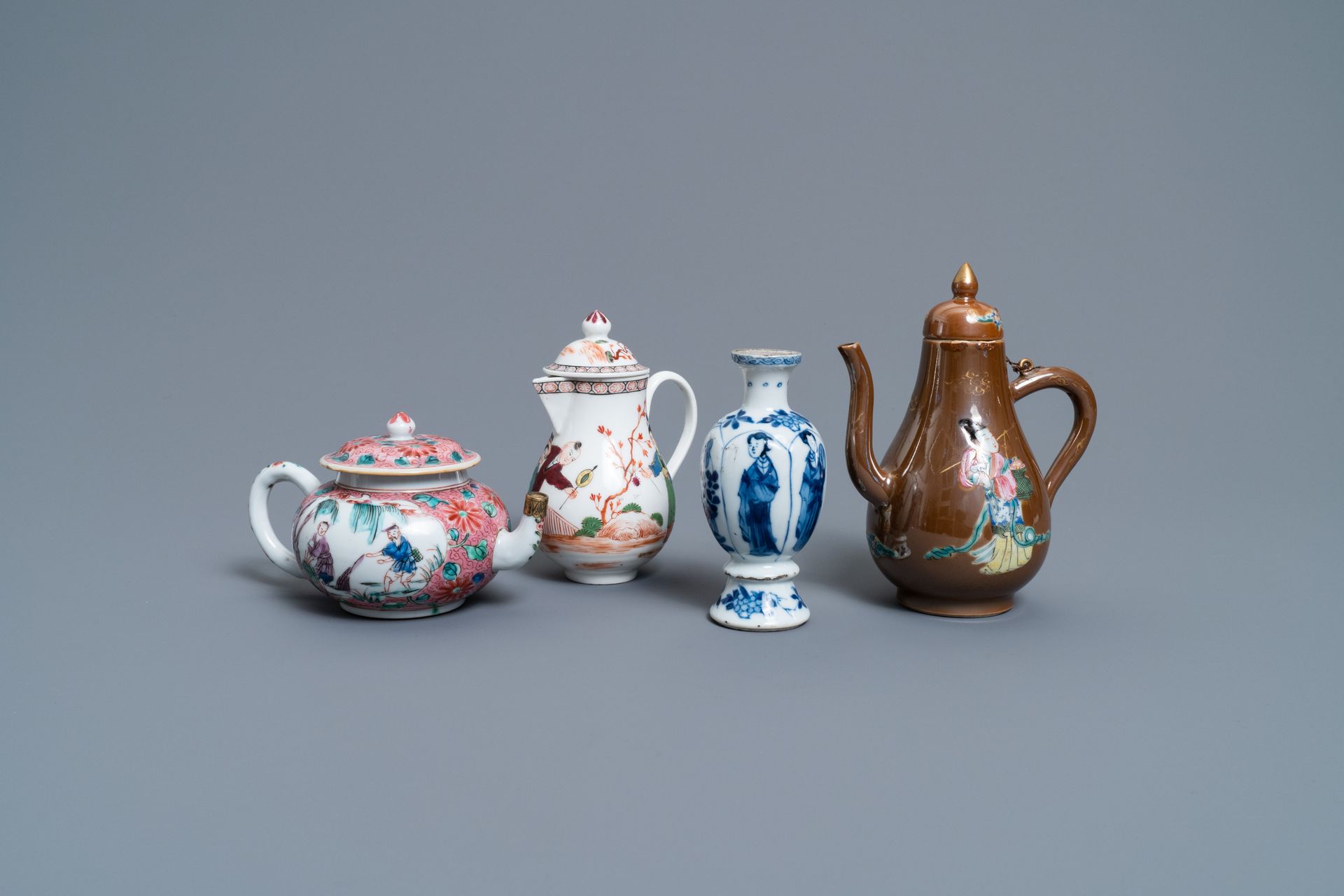Two Chinese famille rose jugs, a teapot and a blue and white vase, Kangxi and la&hellip;