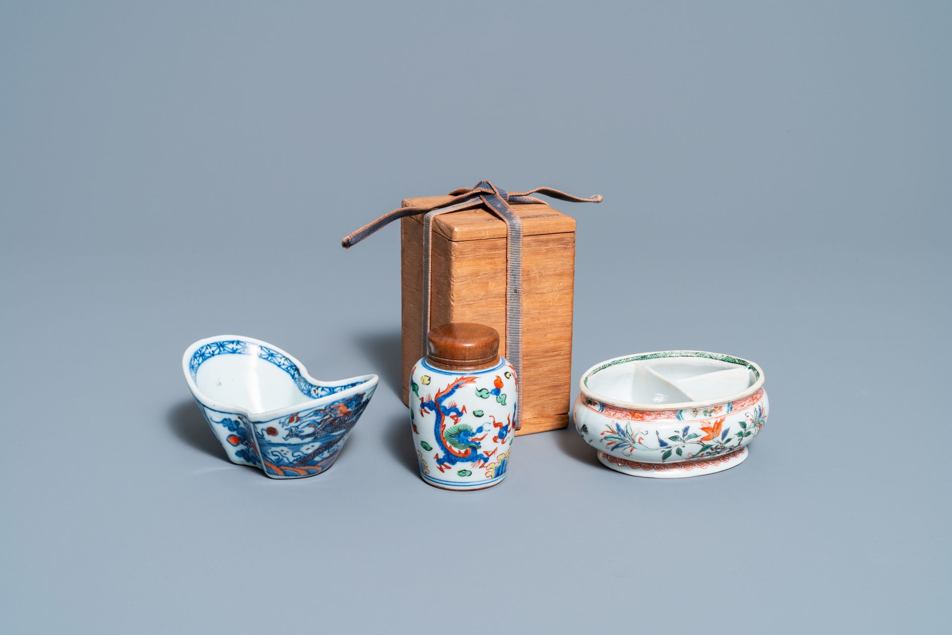 A Chinese doucai bowl, a famille verte spice box and a wucai tea caddy, Kangxi a&hellip;