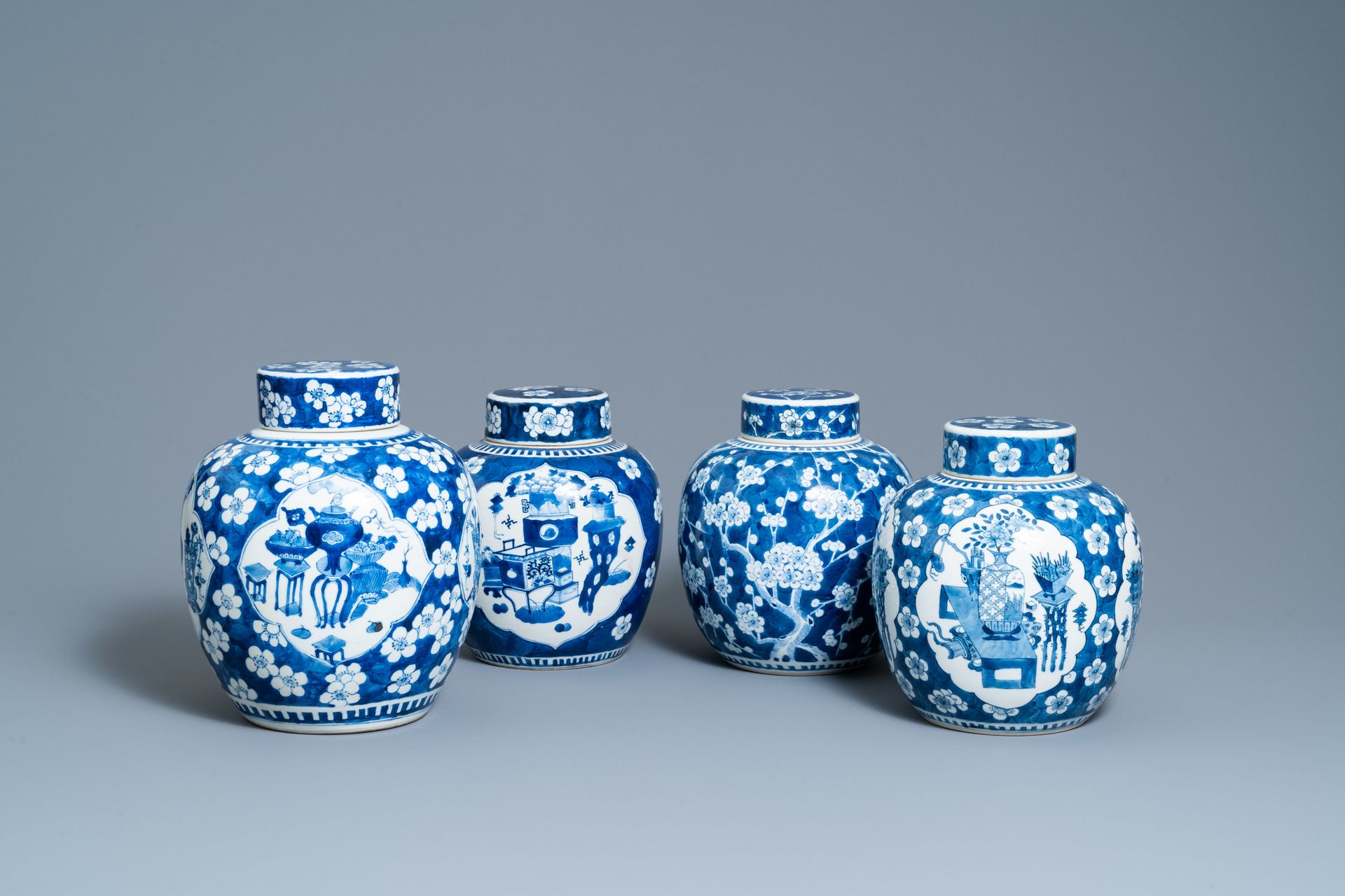 Four Chinese blue and white 'antiquities' jars and covers, 19th C. Full title: F&hellip;