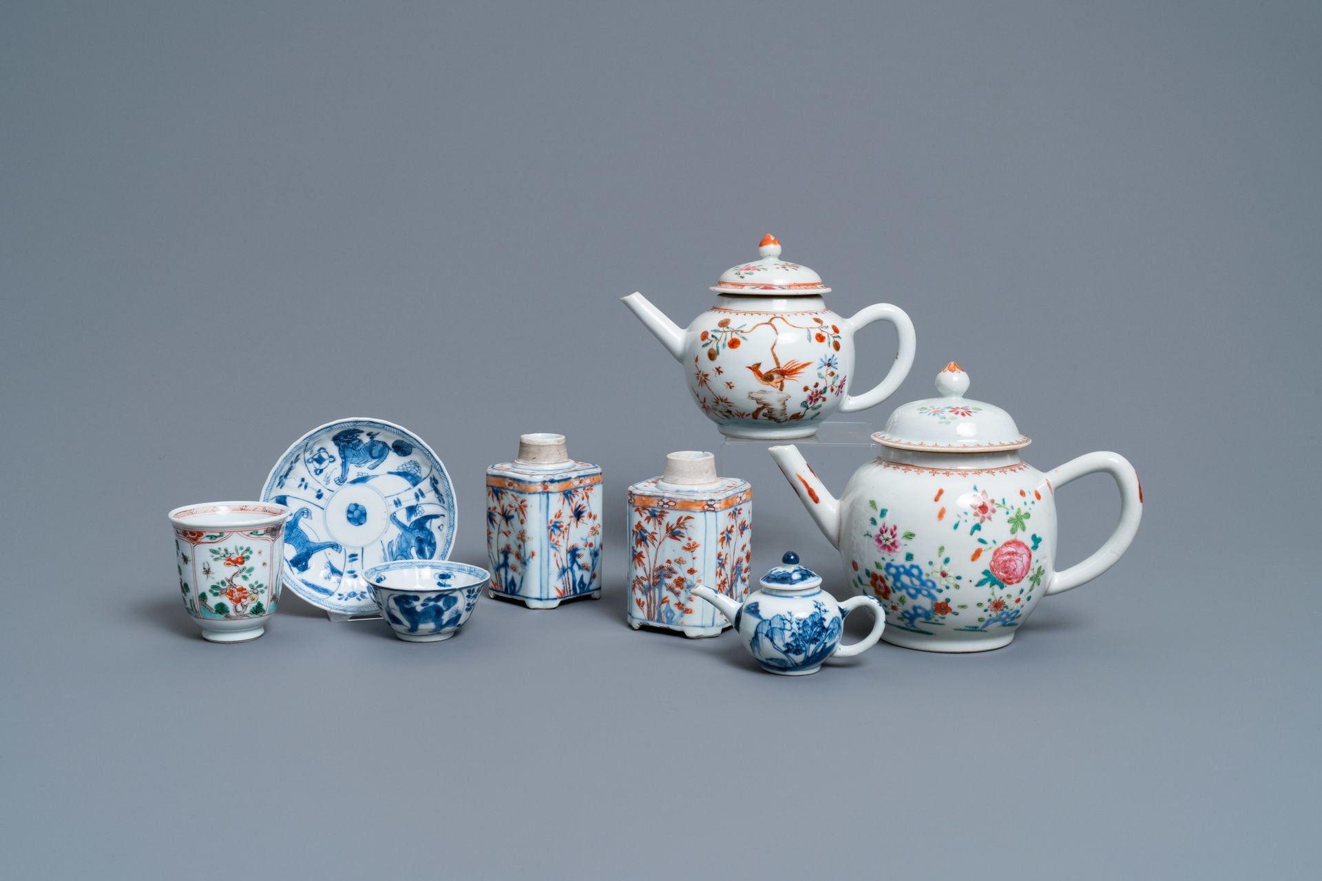 A collection of Chinese blue and white, famille rose, verte and Imari-style tea &hellip;