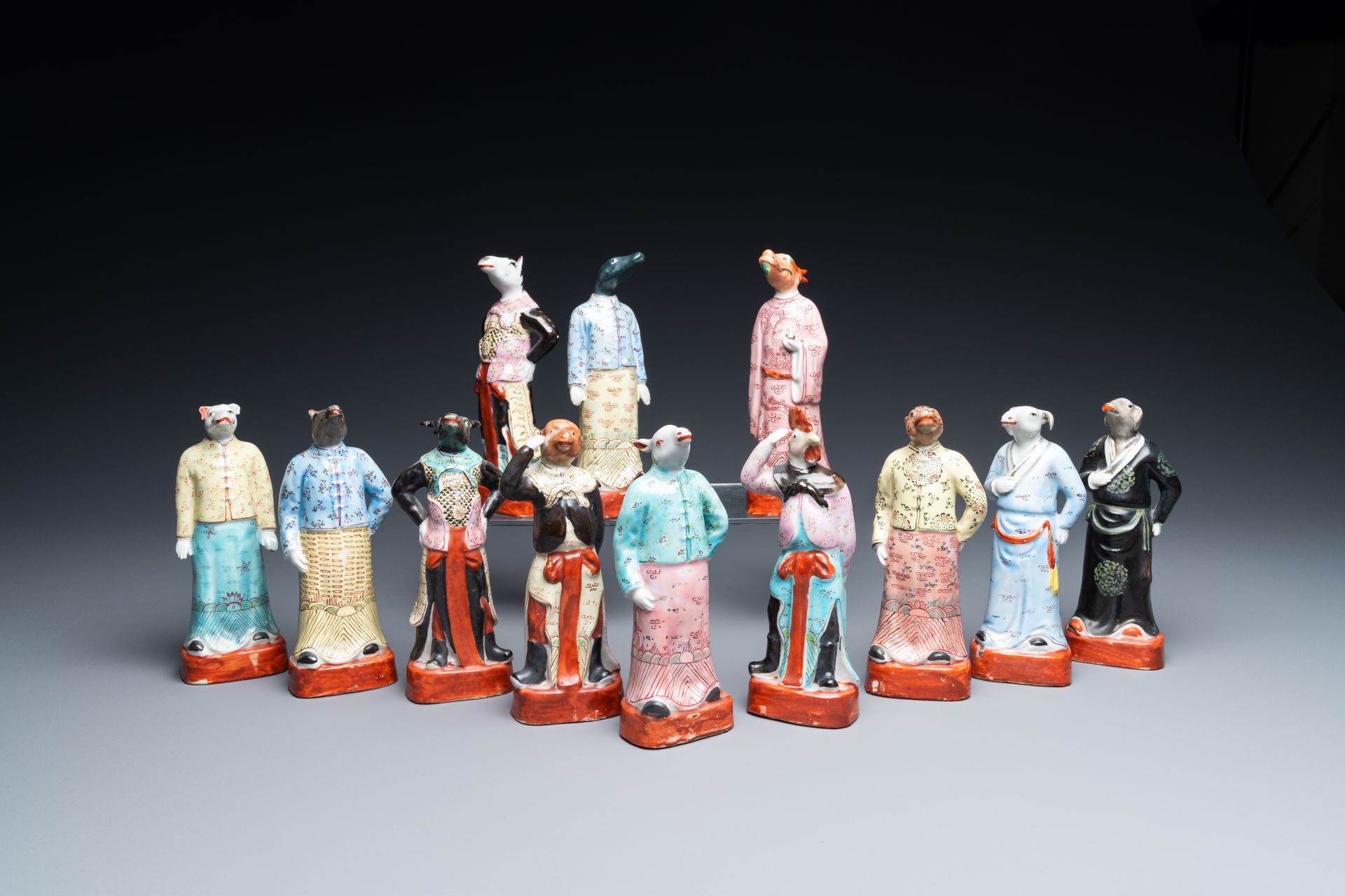 A complete set of twelve Chinese famille rose zodiac figures, Hongxian seal mark&hellip;