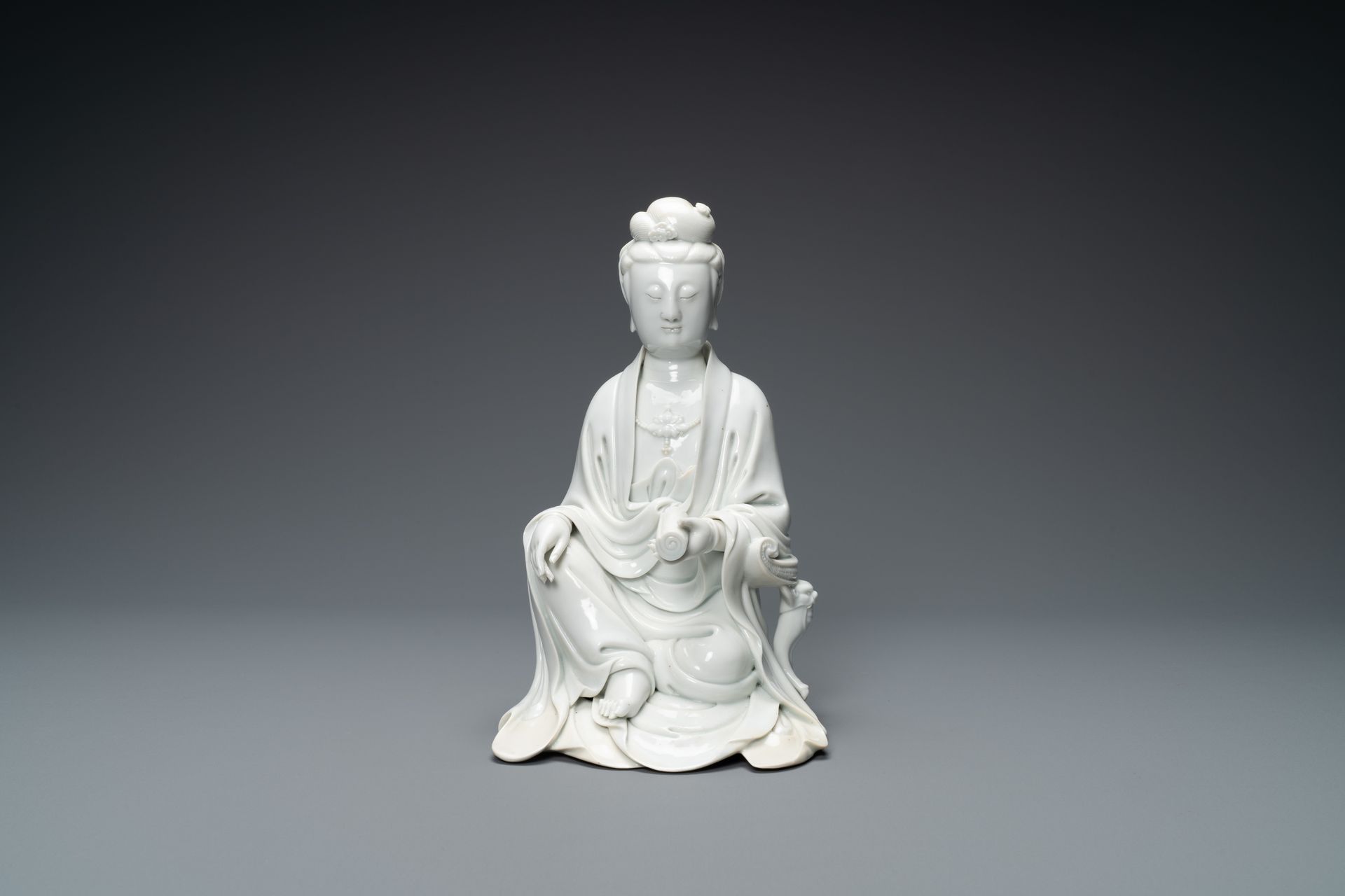 A Chinese Dehua blanc de Chine figure of Guanyin, Boji Yuren mark, 18/19th C. Fu&hellip;