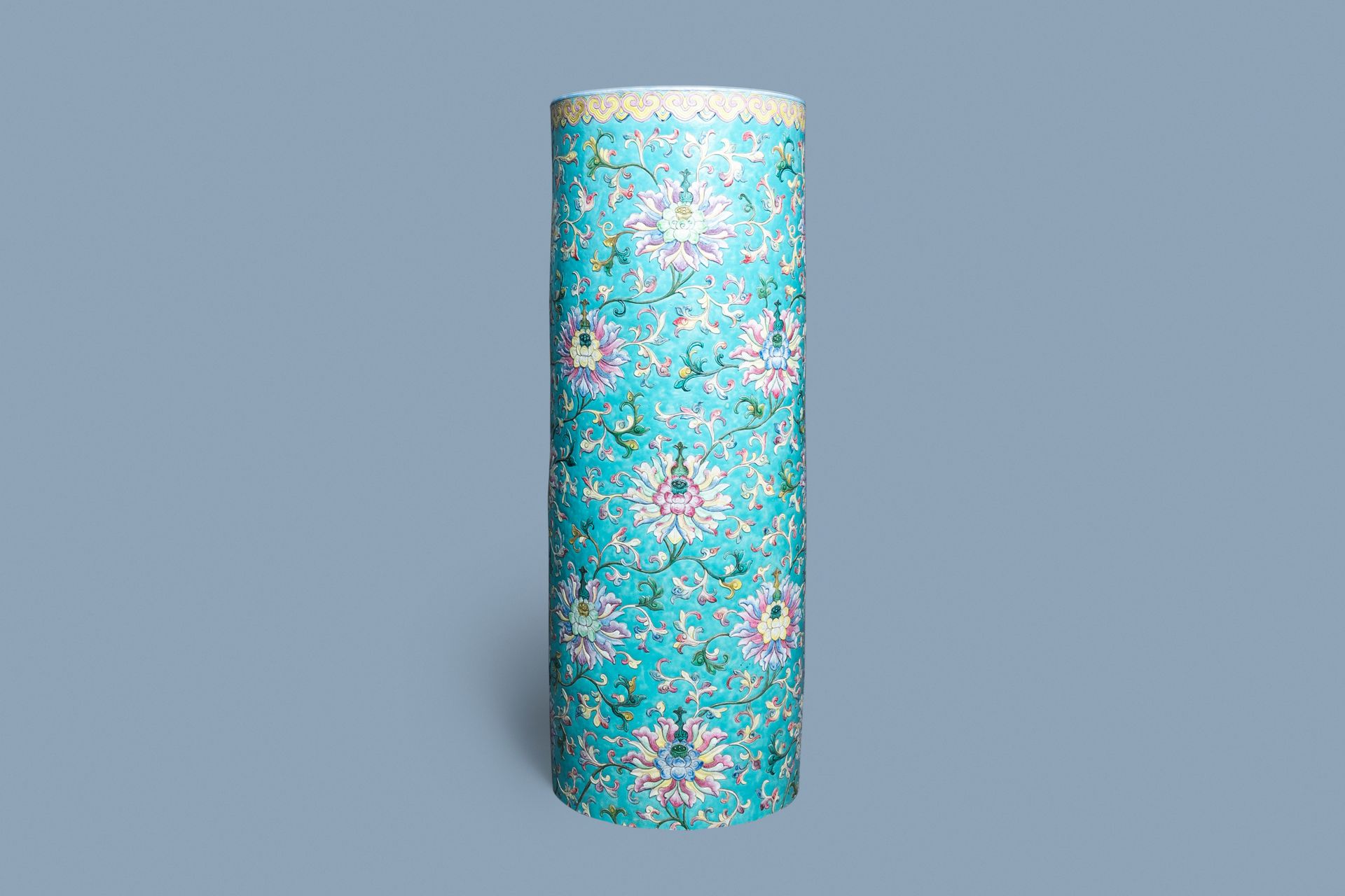 A large Chinese famille rose cylindrical vase with applied lotus scrolls, Jiaqin&hellip;